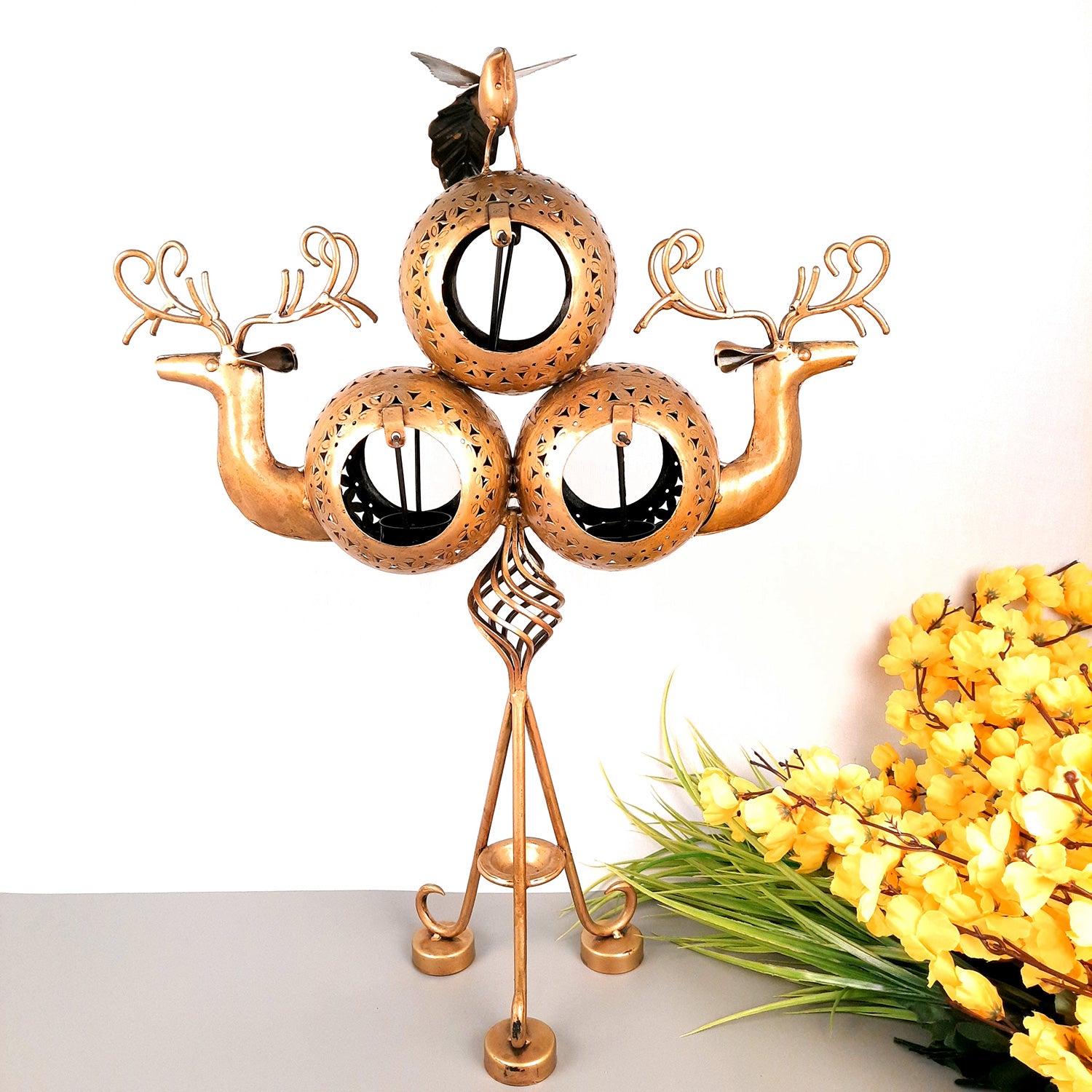 Tealight Holder Cum Decorative Showpiece - Deer Design | T Light Candle Stand with 3 Slots - For Home, Living Room, Corner Decor & Gifts - 24 Inch - Apkamart