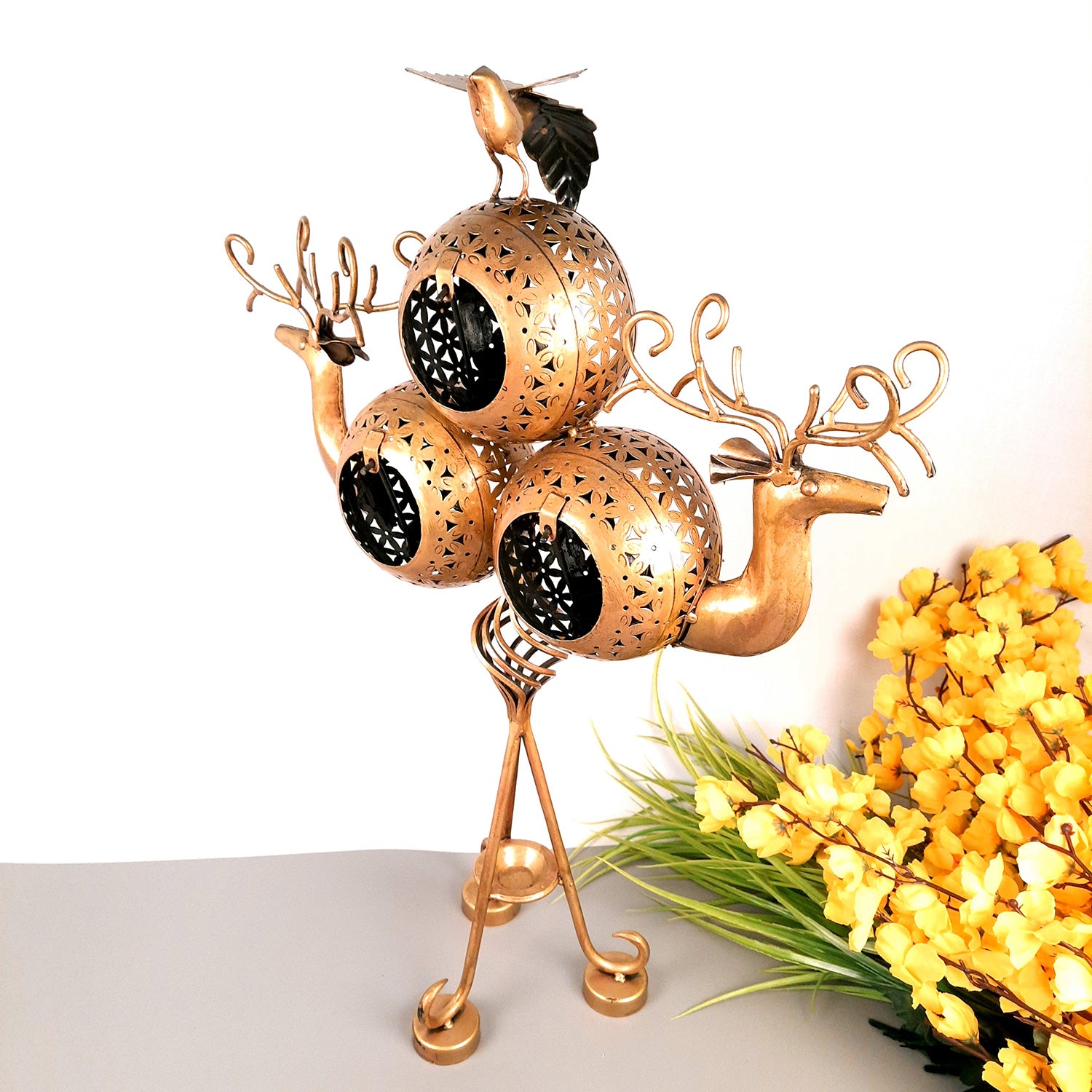 Tealight Holder Cum Decorative Showpiece - Deer Design | T Light Candle Stand with 3 Slots - For Home, Living Room, Corner Decor & Gifts - 24 Inch - Apkamart