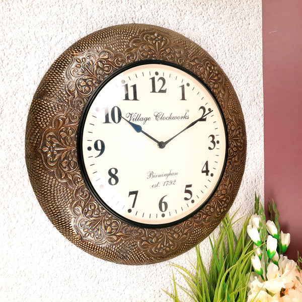 Wall Clock | Antique Clock Wall Mount With Wood & Brass Finish - For Home, Living Room, Bedroom, Office & Hall Decoration | Wedding & Housewarming Gift - 18 Inch - Apkamart
