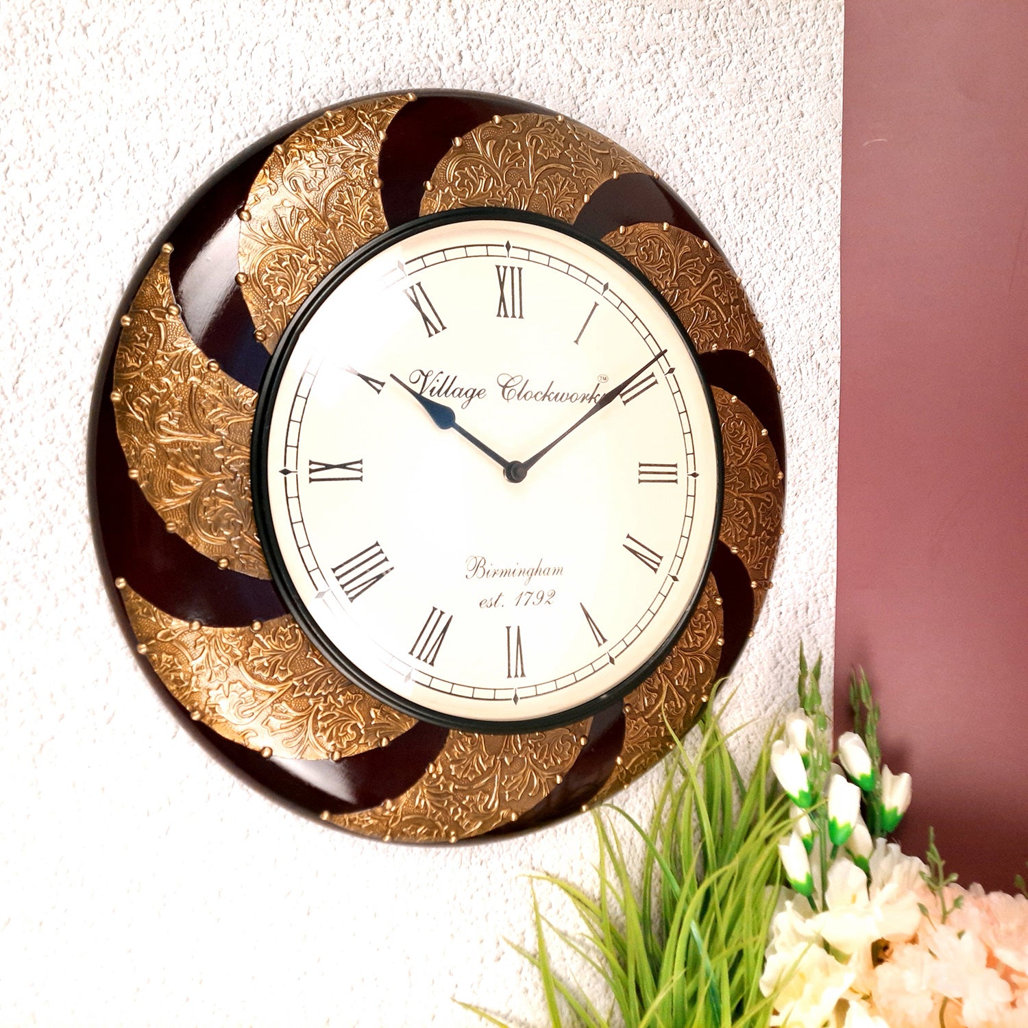 Wall Clock Wooden | Wall Mount Analogue Clock With Premium Wood Finish & Brass Work - For Home, Living Room, Bedroom, Hall Decor | Wedding & Housewarming Gift - 18 Inch - Apkamart