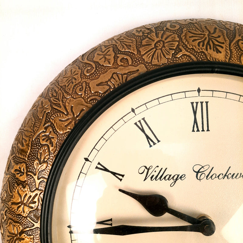 Wall Clock | Wall Mount Analogue Clock Antique With Brass Work - For Home, Living Room, Bedroom, Hall Decor | Wedding & Housewarming Gift - 12 Inch - Apkamart