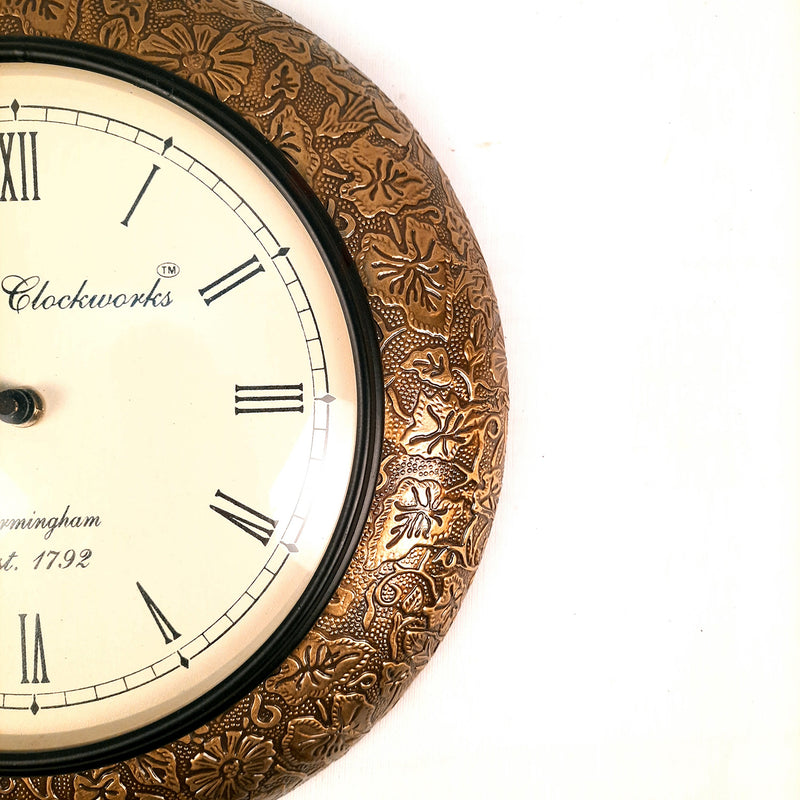 Wall Clock | Wall Mount Analogue Clock Antique With Brass Work - For Home, Living Room, Bedroom, Hall Decor | Wedding & Housewarming Gift - 12 Inch - Apkamart
