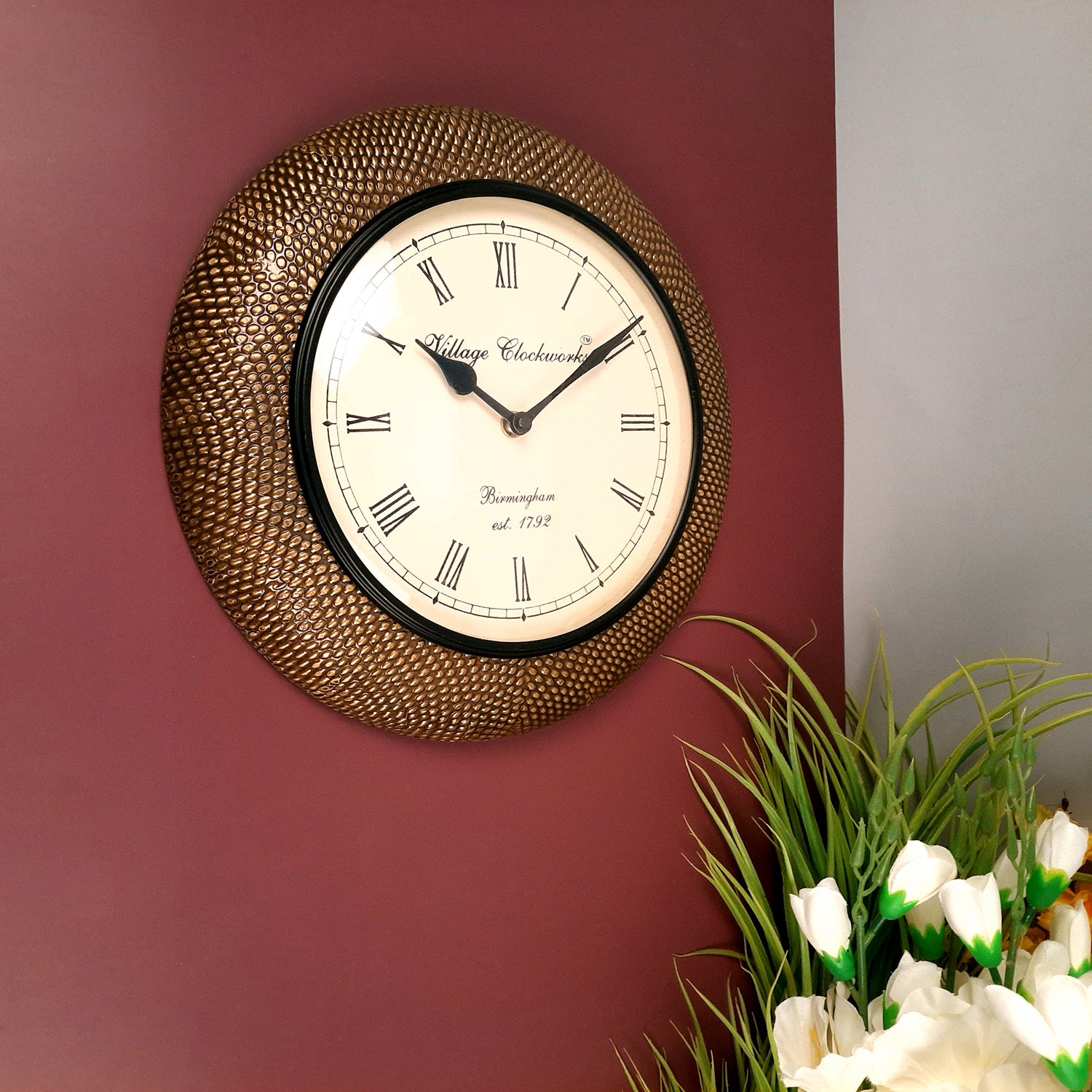 Wall Clock With Antique Brass Work | Wall Mount Analogue Clock - For Home, Living Room, Bedroom, Hall Decor | Festivals & Housewarming Gift -12 inch - Apkamart