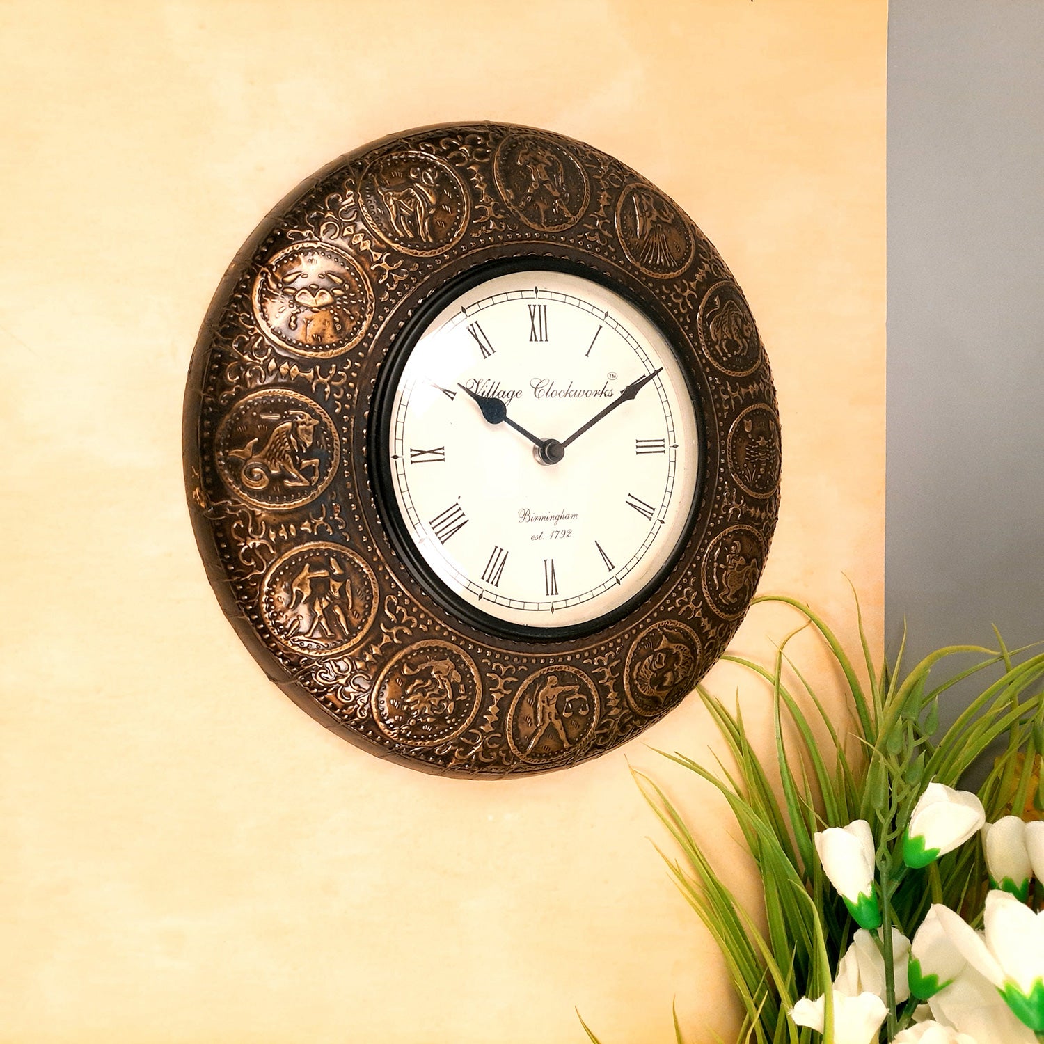 Wall Clock | Antique Clock Wall Mount With Zodiac Signs Design - For Home, Living Room, Bedroom, Office, Hall Decoration & Gift - 12 Inch - Apkamart