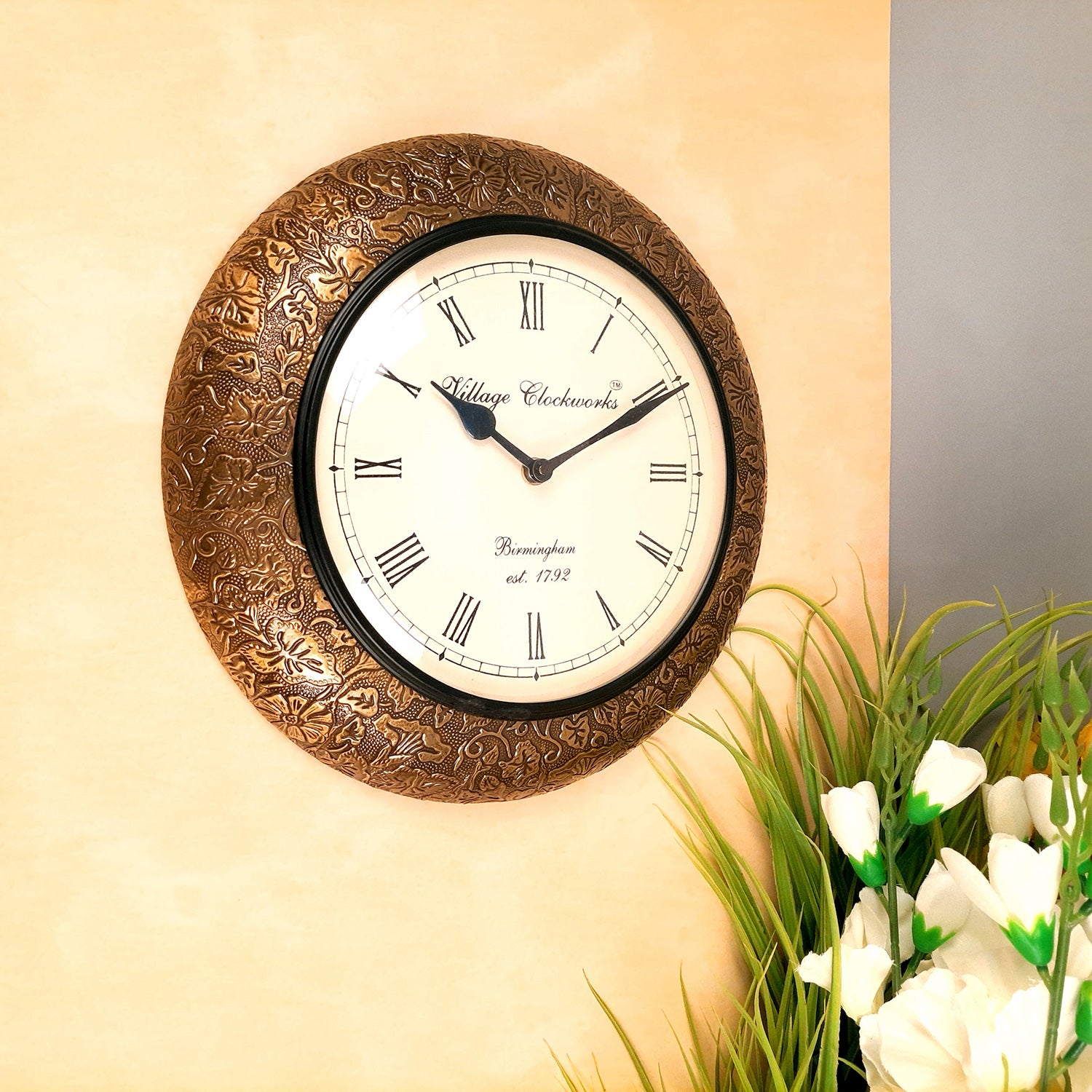 Wall Clock | Wall Mount Analogue Clock Antique With Brass Work - For Home, Living Room, Bedroom, Hall Decor | Wedding & Housewarming Gift - 12 Inch - Apkamart