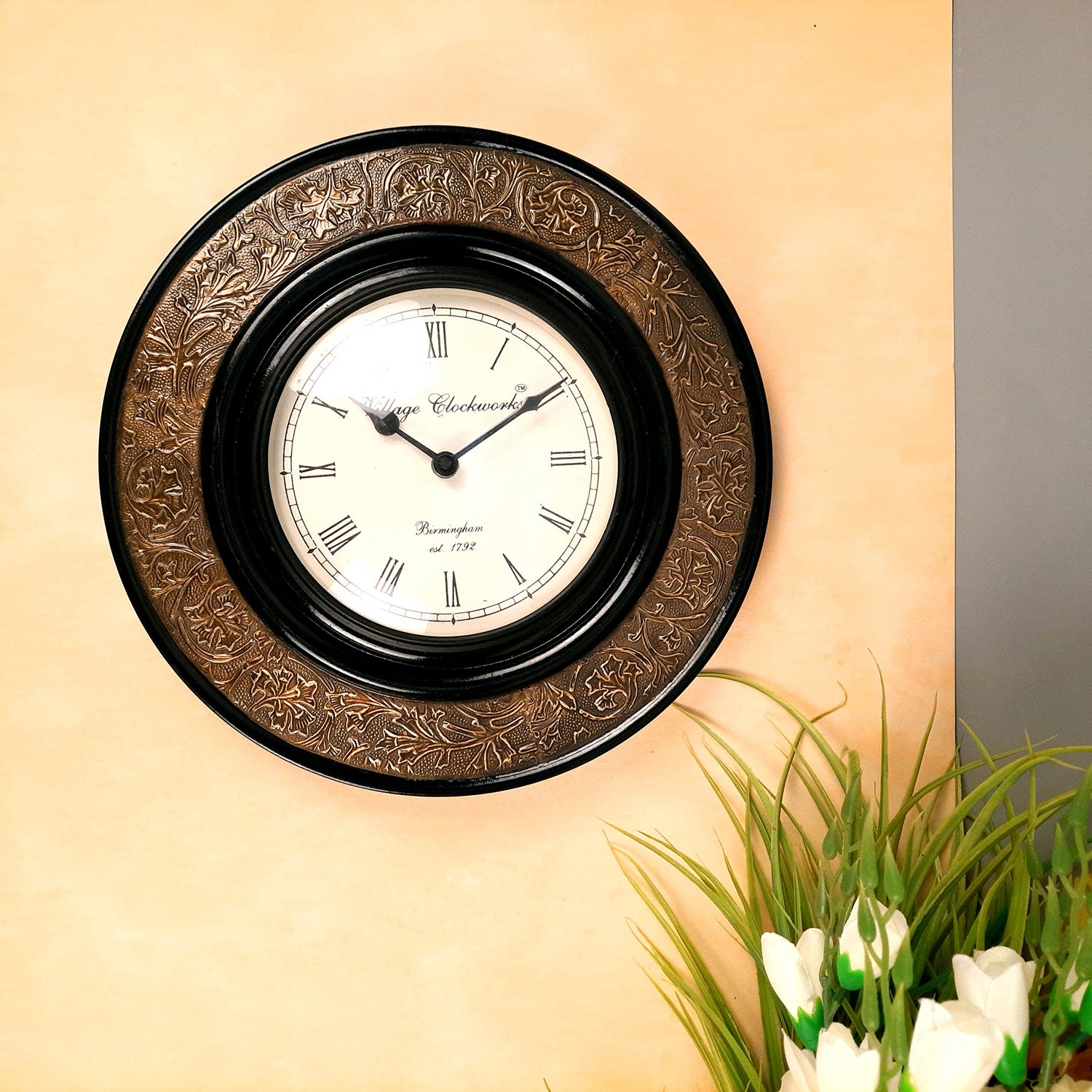 Wall Clock | Wall Mount Analogue Clock With Antique Brass Work - For Home, Living Room, Bedroom, Hall Decor | Wedding & Housewarming Gift - 12 Inch - Apkamart