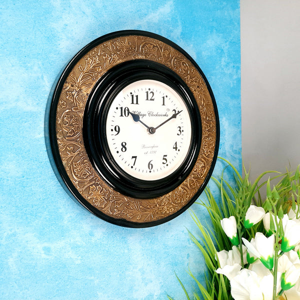 Wall Clock Vintage | Clock Wall Mount With Brass Work- For Home, Living Room, Bedroom, Office, Hall Decoration & Gift - 12 inch - Apkamart