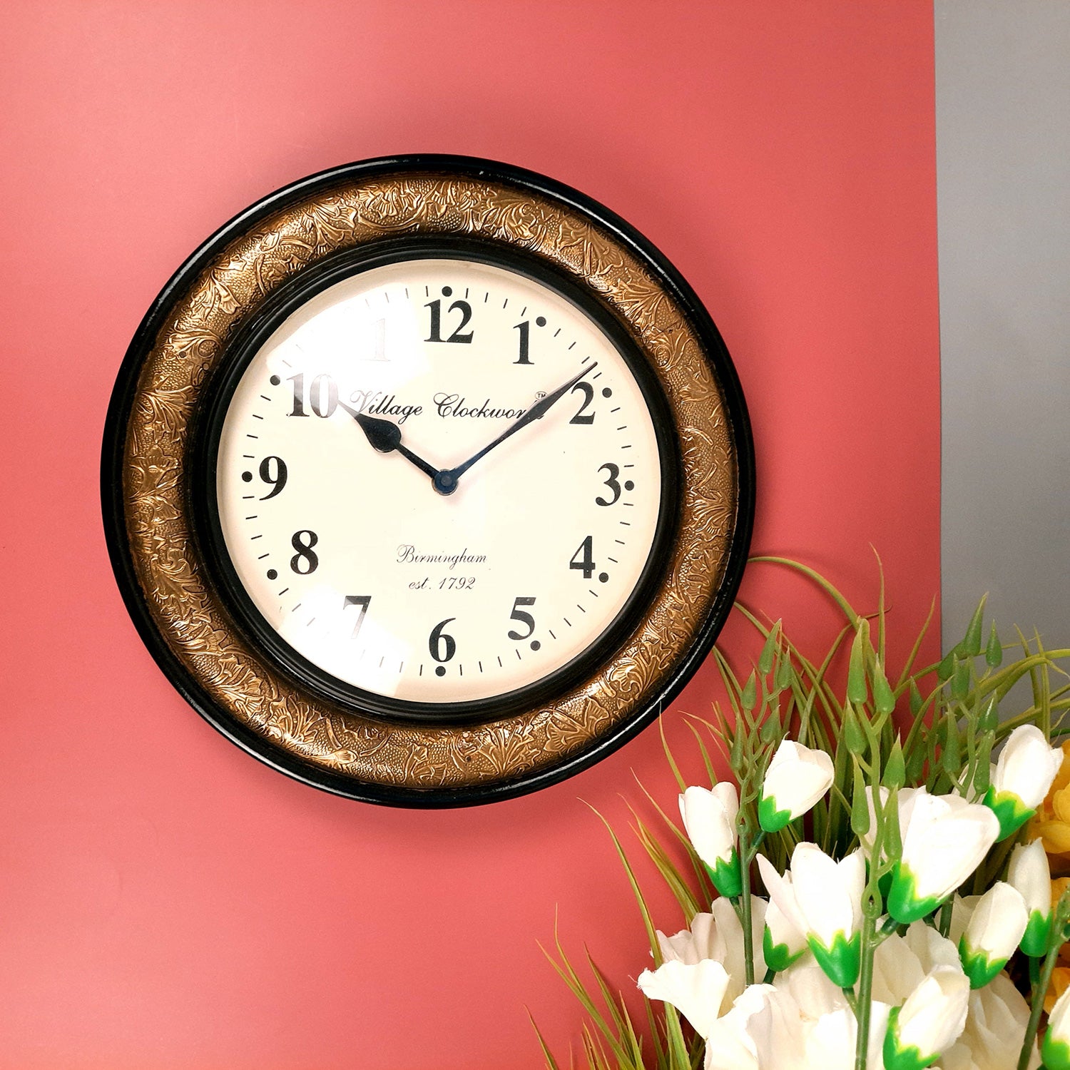 Wall Clock | Antique Clock Wall Mount With Premium Wood Finish & Brass Work - For Home, Living Room, Bedroom, Office & Hall Decoration | Wedding & Housewarming Gift - 12 inch - Apkamart