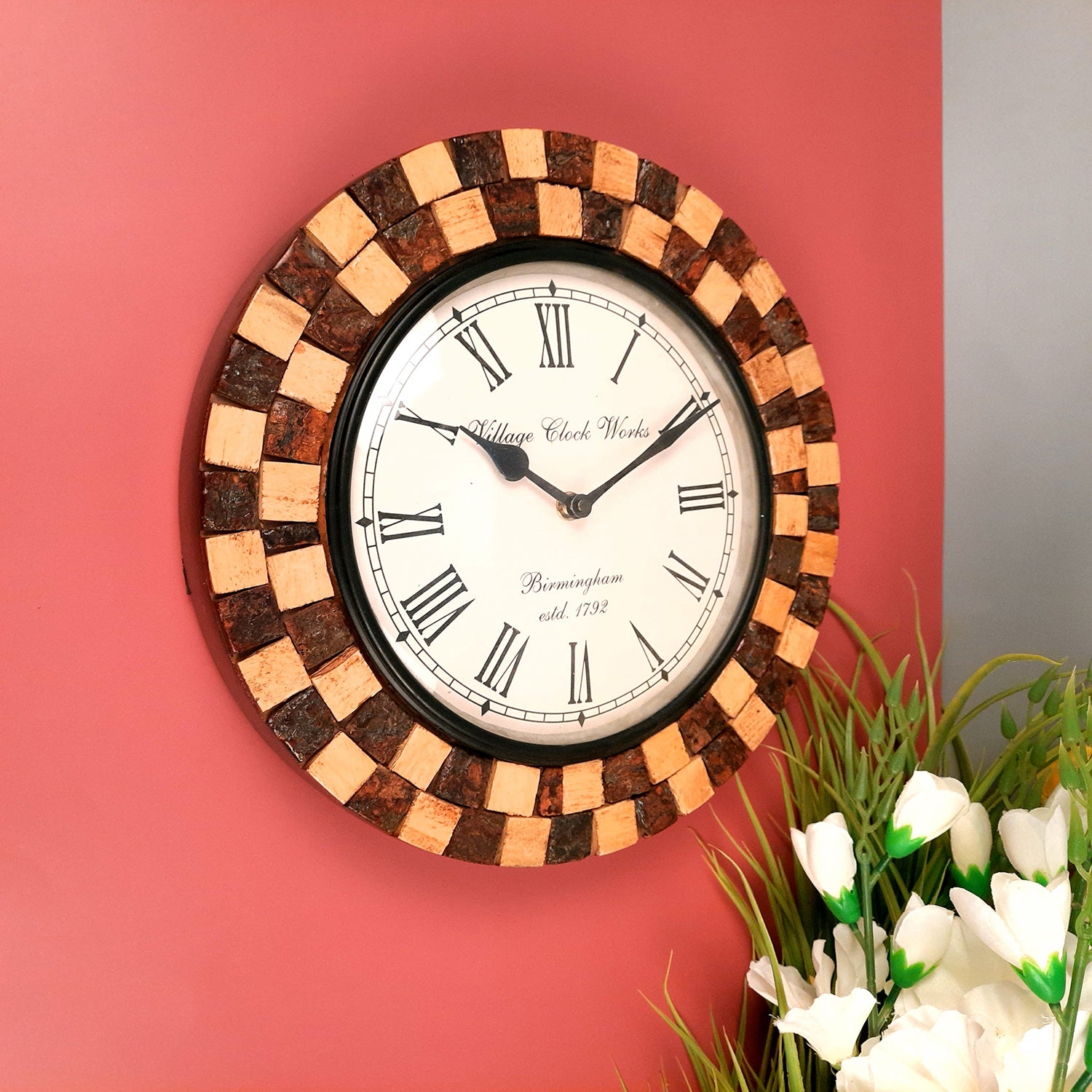 Wall Clock Wooden | Wall Mount Analogue Clock With Premium Wood Finish & Brass Work - For Home, Living Room, Bedroom, Hall Decor | Wedding & Housewarming Gift - 12 Inch