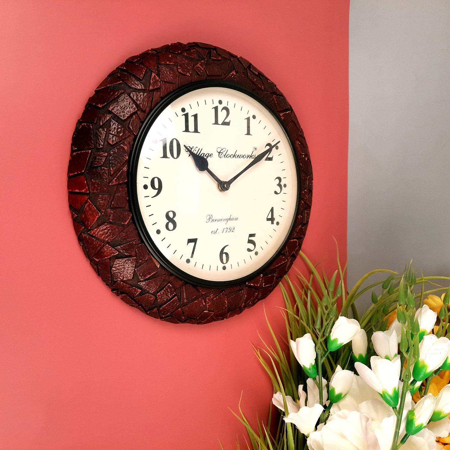 Wall Clock for Home | Wall Mount Analog Big Watch With Antique Brass Work  - For Living Room, Bedroom, Hall, Office Decor & Gift - 12 Inch