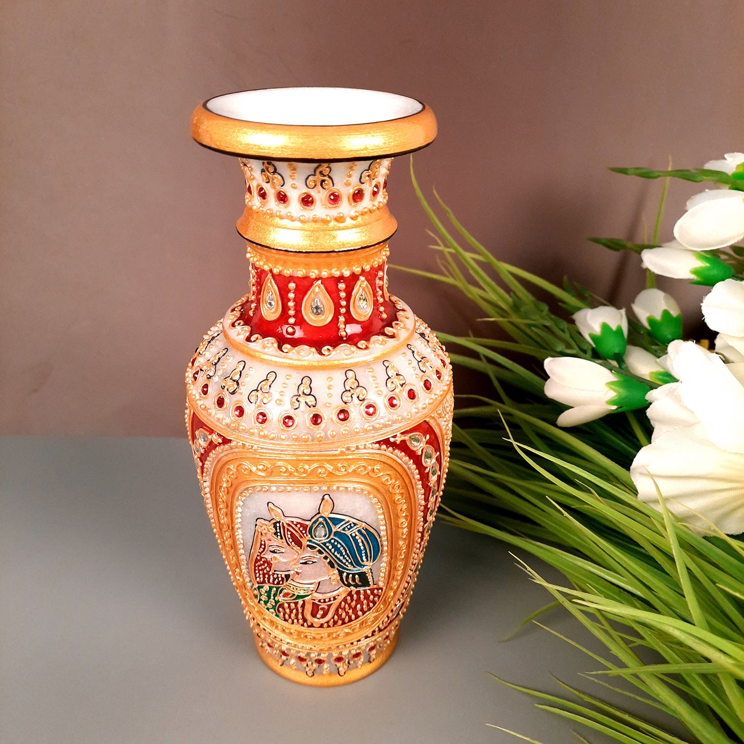 Flower Pot | Decorative Marble Vases - For Home, Table Decor, Living Room, Side Table Decoration, Office & Gift - 9 Inch - Apkamart