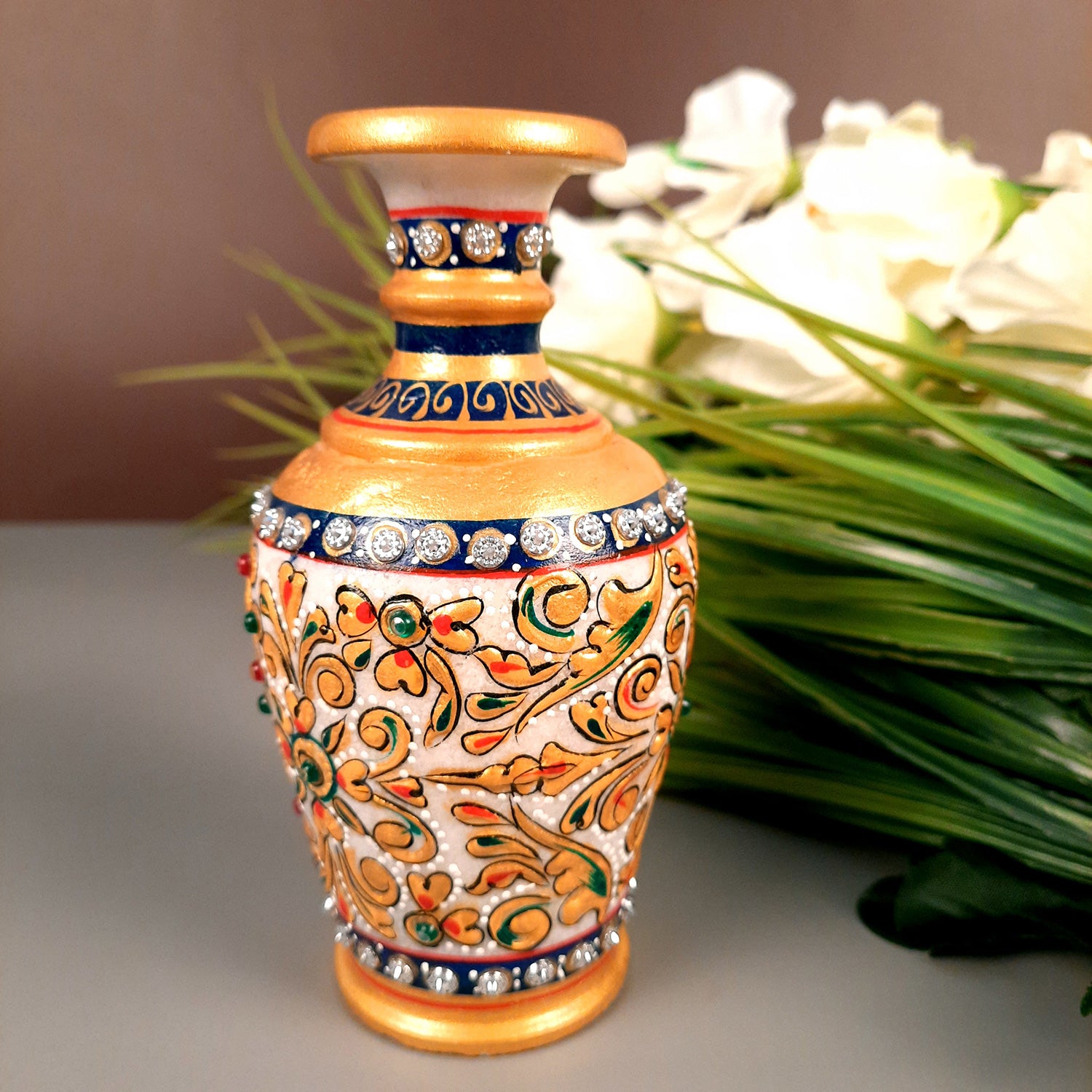 Flower Pots | Marble Vase With Intricate Handwork - For Home, Table, Shelf, Office Decoration & Gift - 6 Inch - Apkamart