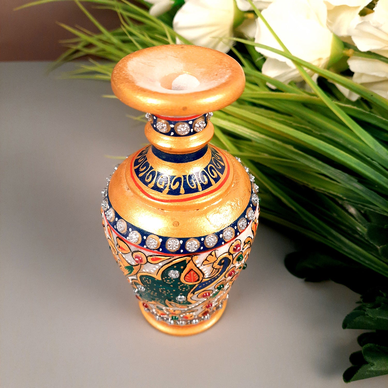 Flower Pots | Marble Vase With Intricate Handwork - For Home, Table, Shelf, Office Decoration & Gift - 6 Inch - Apkamart