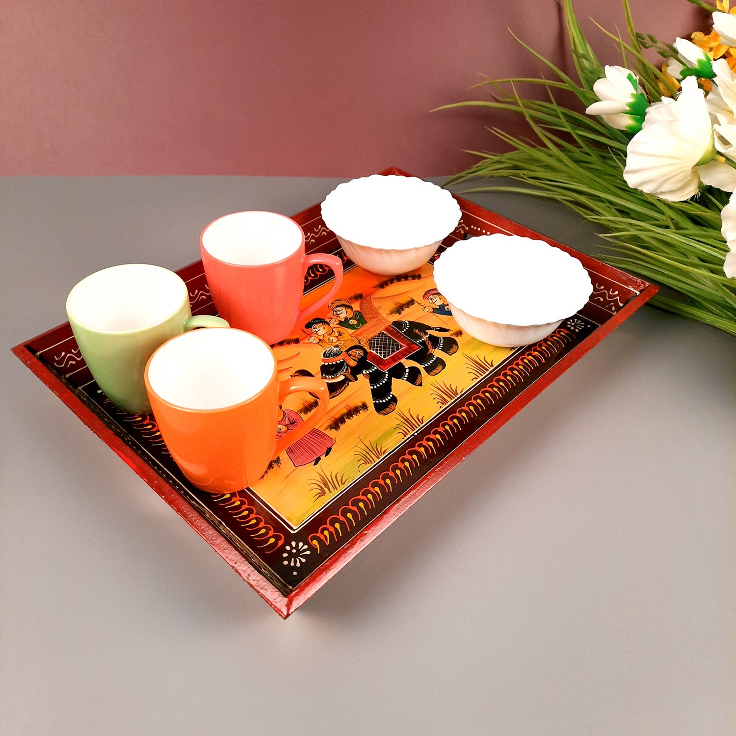 Serving Tray Set | Wooden Tea Tray | Serving Platter - For Dining & Serving, Home, Table, Kitchen Decor - Set of 3 - Apkamart