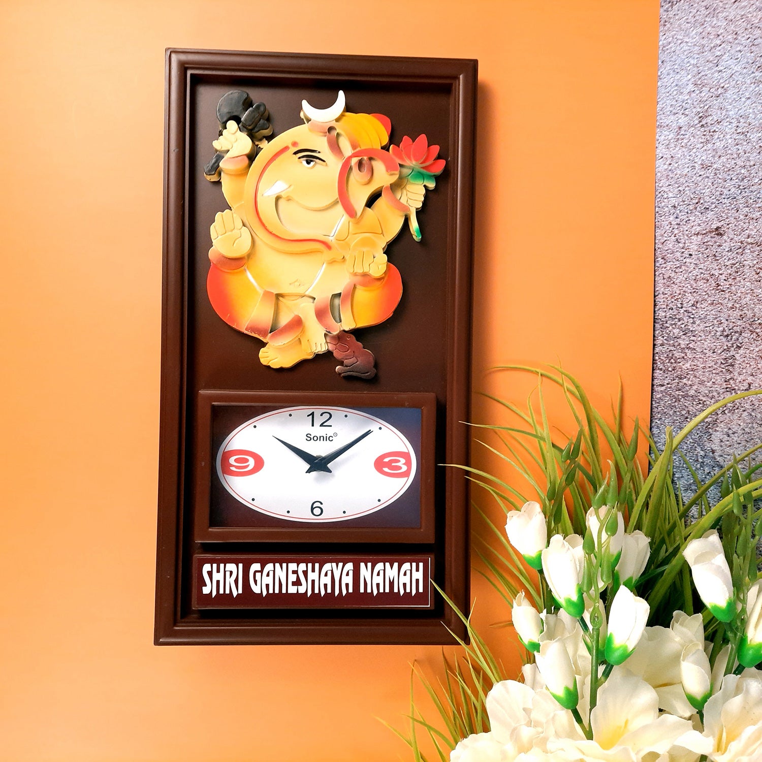 Wall Clock With Ganesha Statue | Clock Wall Mount - For Home, Living Room, Bedroom, Office & Hall Decoration | Wedding & Housewarming Gift - Apkamart
