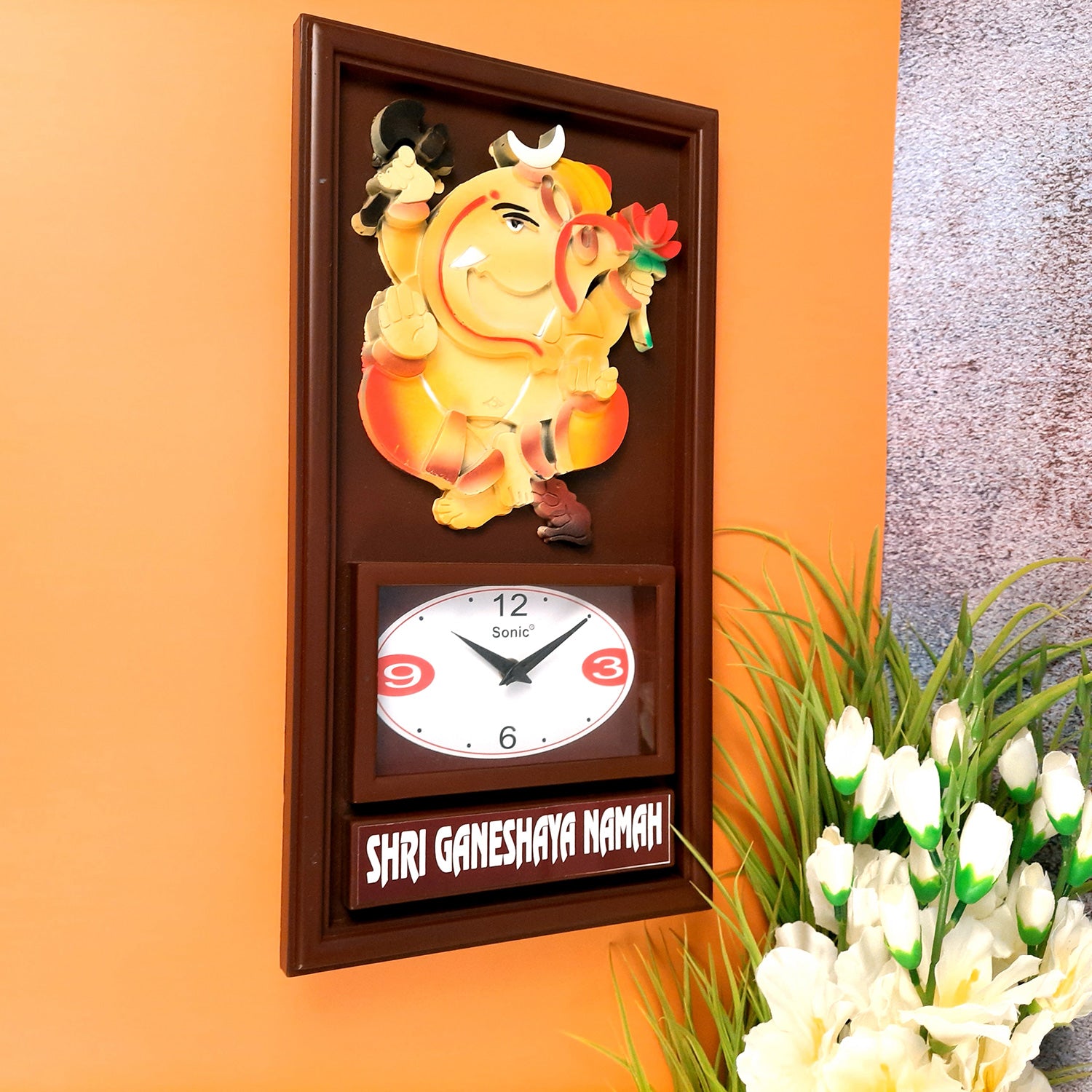 Wall Clock With Ganesha Statue | Clock Wall Mount - For Home, Living Room, Bedroom, Office & Hall Decoration | Wedding & Housewarming Gift - Apkamart