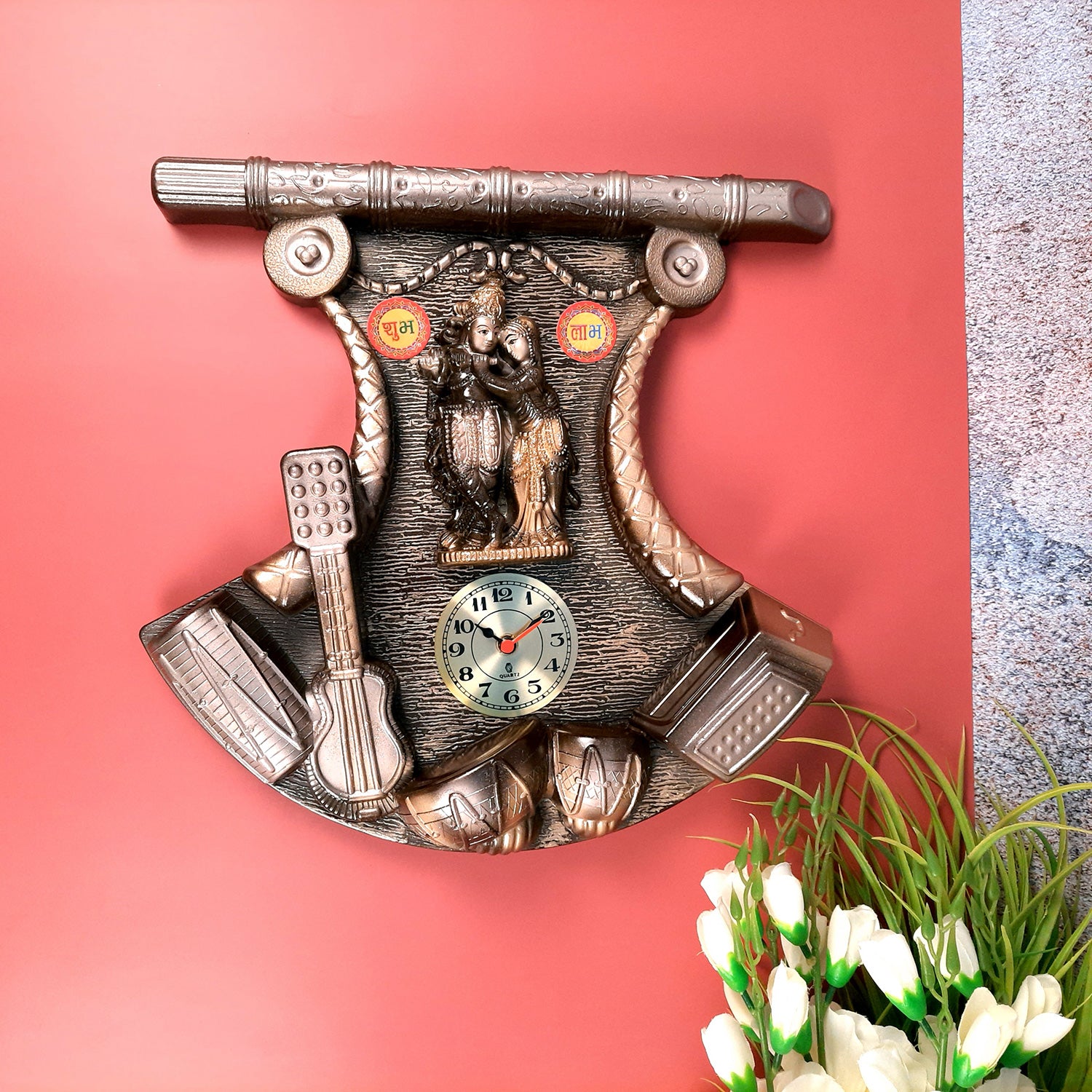 Wall Clock with Radha Krishna Statue | Diwal Ghadi Clock Wall Mount - for Home, Living Room, Bedroom, Office & Hall Decoration | Wedding & Housewarming Gift - 14 Inch
