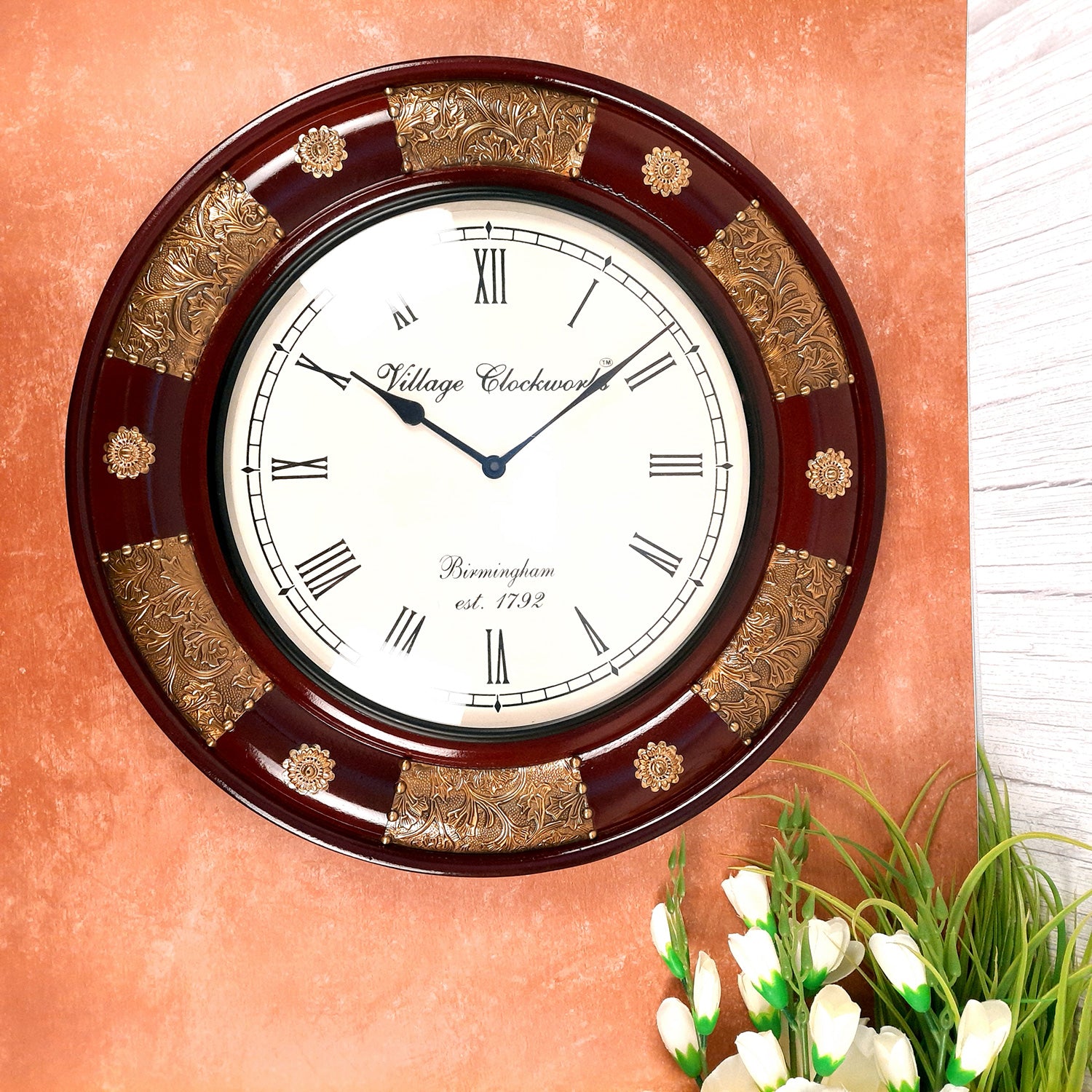 Wall Clock Wooden | Wall Mount Analog Clock With Premium Wood Finish & Brass Work - For Home, Living Room, Bedroom, Hall Decor | Wedding & Housewarming Gift - 18 Inch - Apkamart