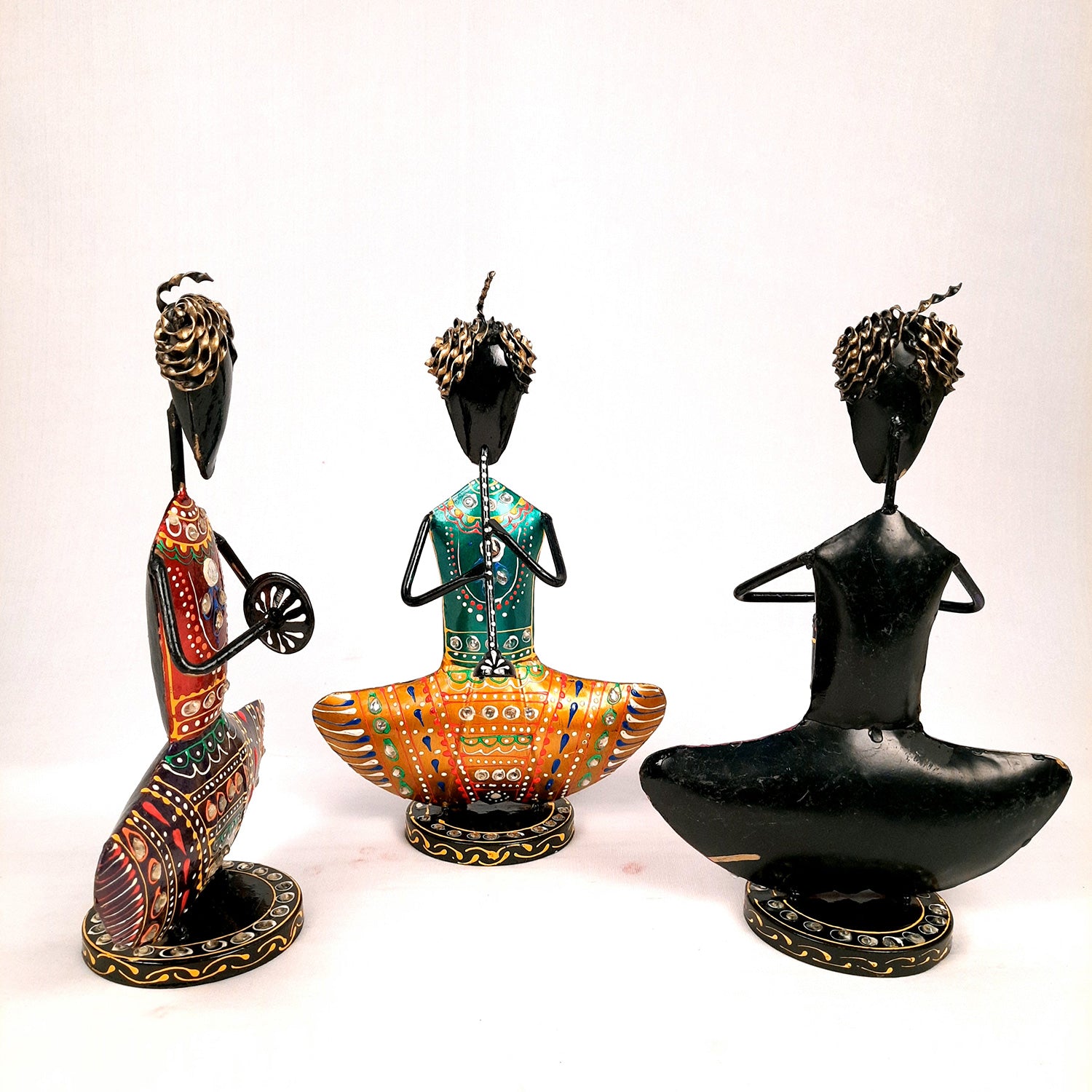 Showpiece Figurine - Rajasthani Musician Design | Decorative Show piece With Kundan Work - for Home, Bedroom, Living Room, Office Desk & Table Decor | Gifts For Wedding, Housewarming & Festivals -12 Inch (Set of 3) - Apkamart