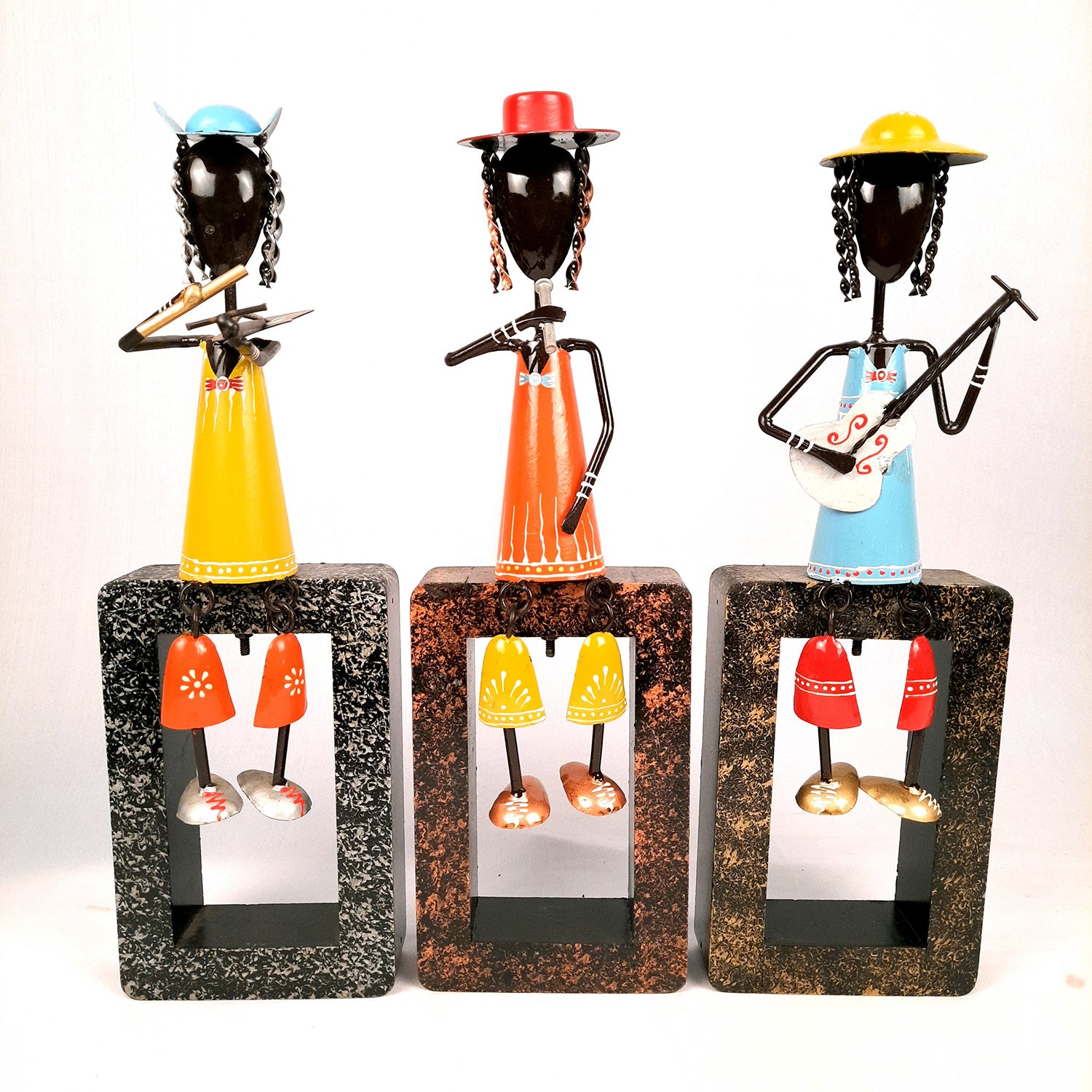 Musician Showpiece Cum Wall Hanging | Figurines Playing Musical Instruments With Hanging Legs | Decorative Showpieces - For Home, Table, Living Room, TV Unit, Balcony, Wall Decor & Gifts - 16 Inch (Set of 3) - Apkamart