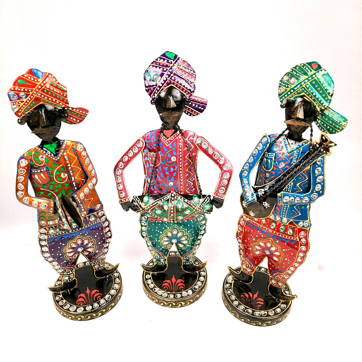 Showpiece Musician Set | Decorative Figurines Playing Musical Instrument With Kundan Work - For Home, Table, Living Room & TV Unit | Show Piece For Office Desk & Gifts - 14 Inch (Set of 3) - Apkamart