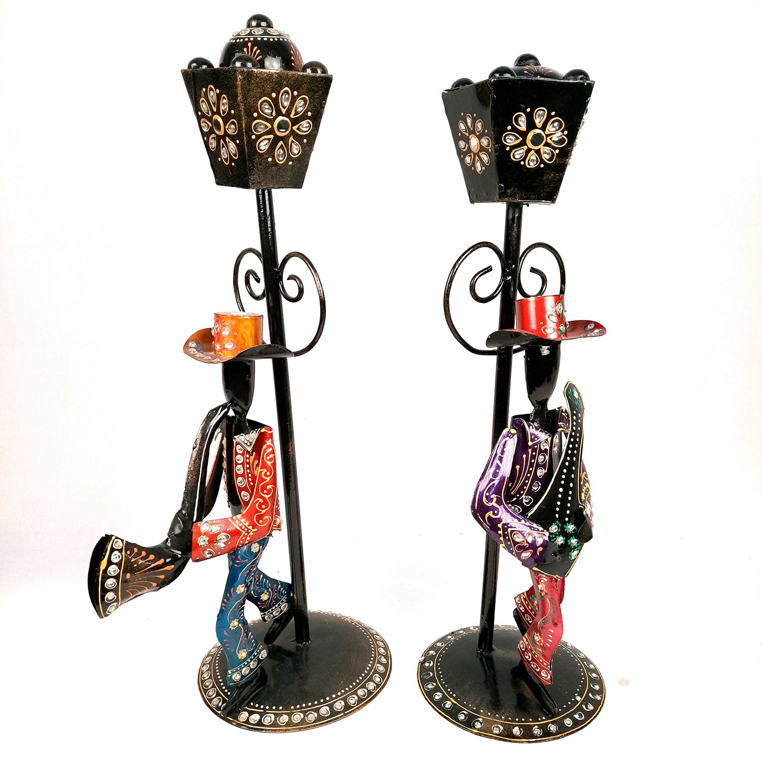 Showpiece Set - Musician Playing Musical Instrument Under Lamp Post | Handicraft Figurines With Kundan Work - For Table, Living Room, Bedroom & TV Unit | Big Show Piece For Office Desk & Gifts- 22 Inch (Set of 2) - apkamart