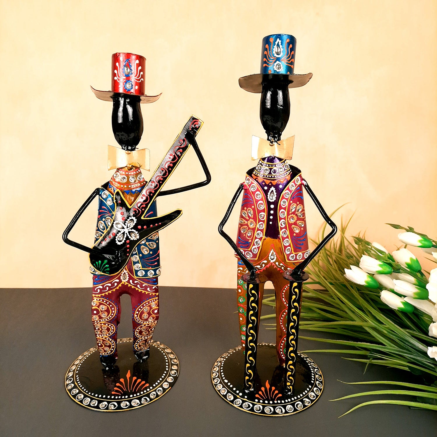 Showpiece Set - Musician Design | Figurines Playing Musical Instruments With Kundan Work - for Home, Bedroom, Living Room, Office Desk & Table & Gifts - 18 Inch (Set of 2)
