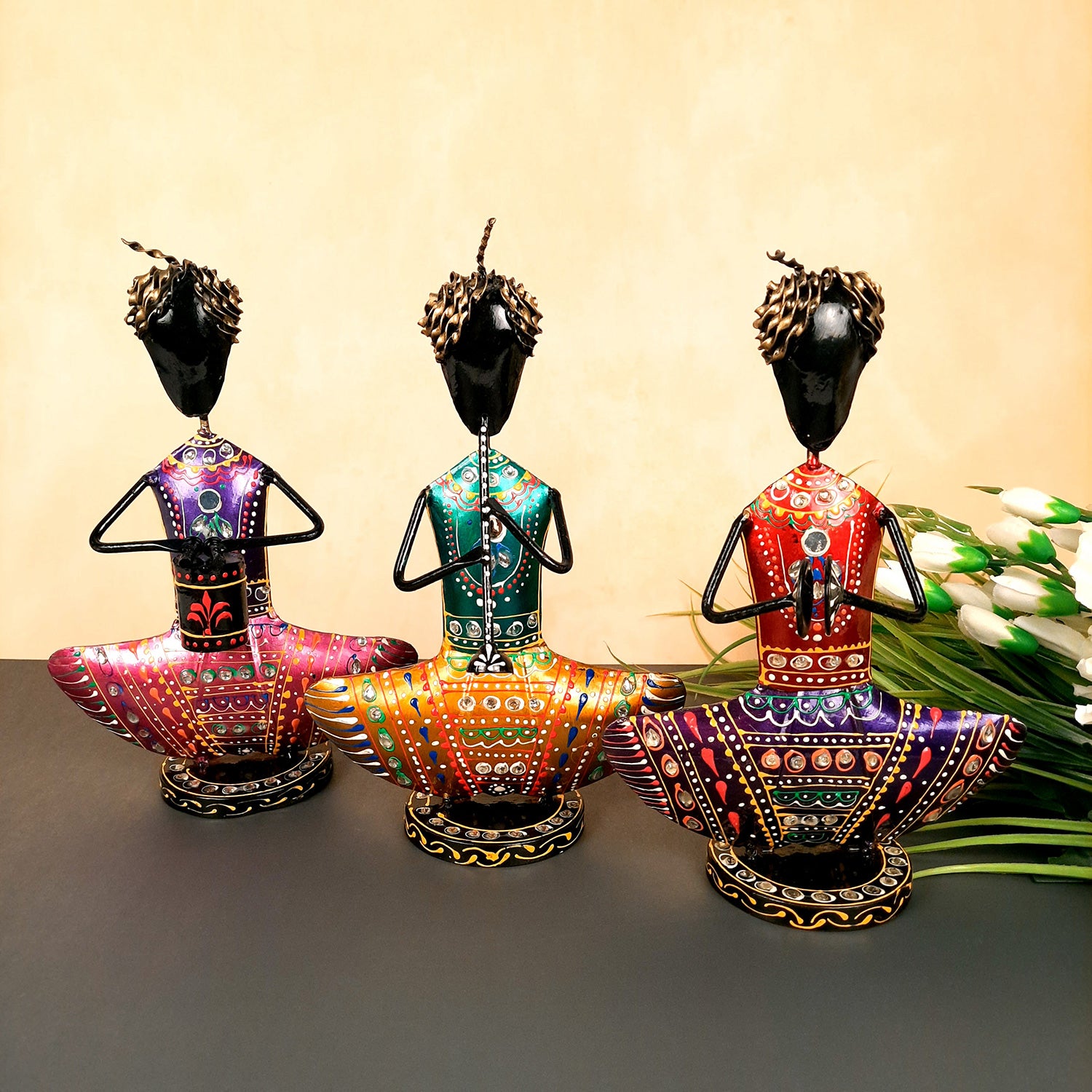 Showpiece Figurine - Rajasthani Musician Design | Decorative Show piece With Kundan Work - for Home, Bedroom, Living Room, Office Desk & Table Decor | Gifts For Wedding, Housewarming & Festivals -12 Inch (Set of 3) - Apkamart
