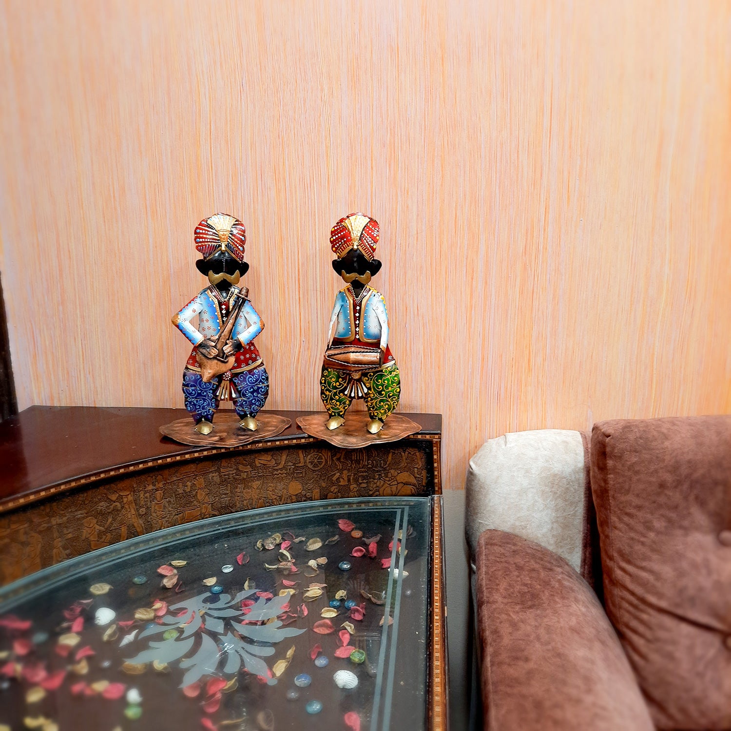 Showpiece Figurine - Musician Playing Dholak & Veena Design | Decorative Showpieces for Home, Bedroom, Living Room, Office Desk & Table | Gifts For Wedding, Housewarming & Festivals - 14 Inch (Set of 2) - Apkamart