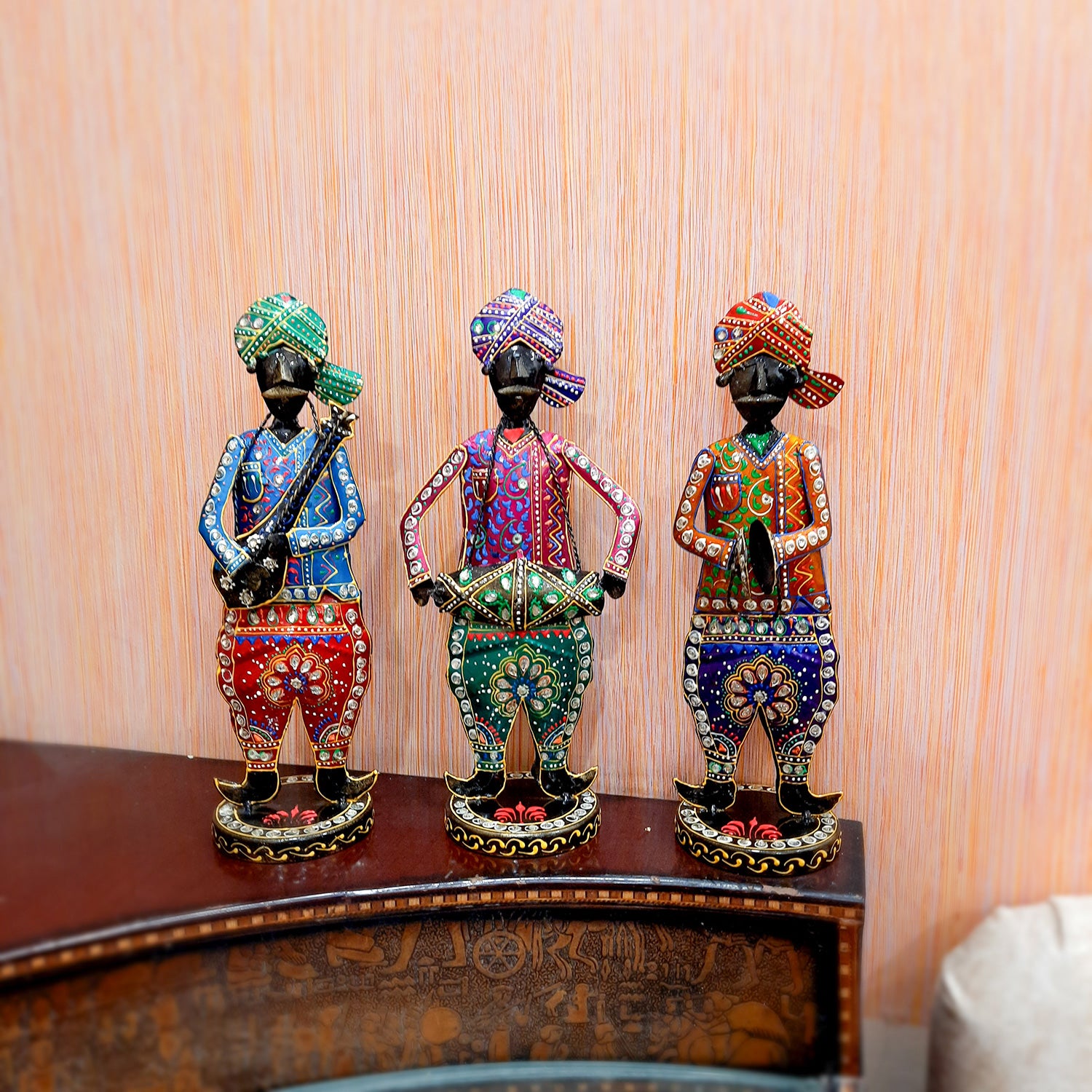 Showpiece Musician Set | Decorative Figurines Playing Musical Instrument With Kundan Work - For Home, Table, Living Room & TV Unit | Show Piece For Office Desk & Gifts - 14 Inch (Set of 3) - Apkamart