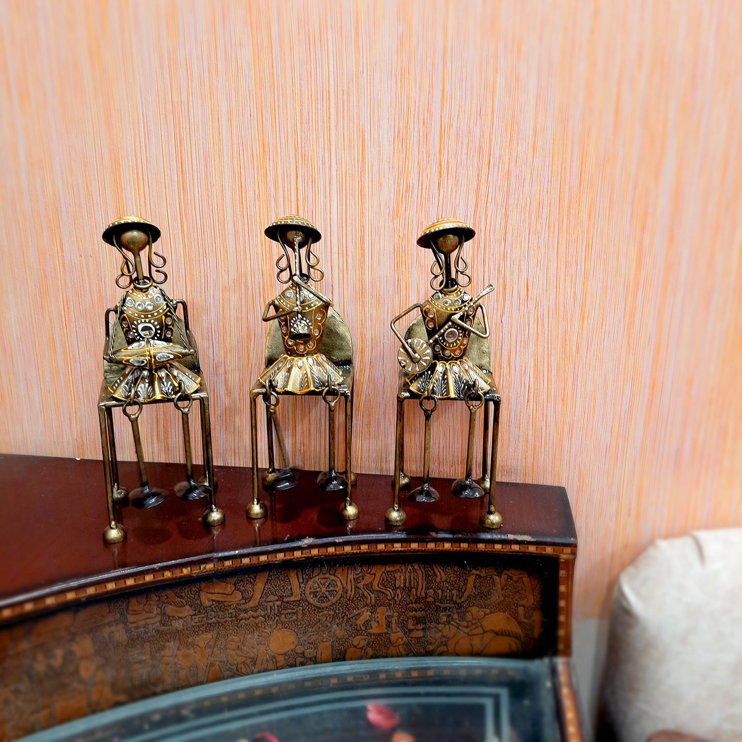 Figurine Showpiece - Musicians Sitting On Chair With Hanging Legs | Artifacts for Home, Table, Living Room, TV Unit & Bedroom Decor | Decorative Show piece for Office Desk & Gifts - 12 Inch (Set of 3) - Apkamart