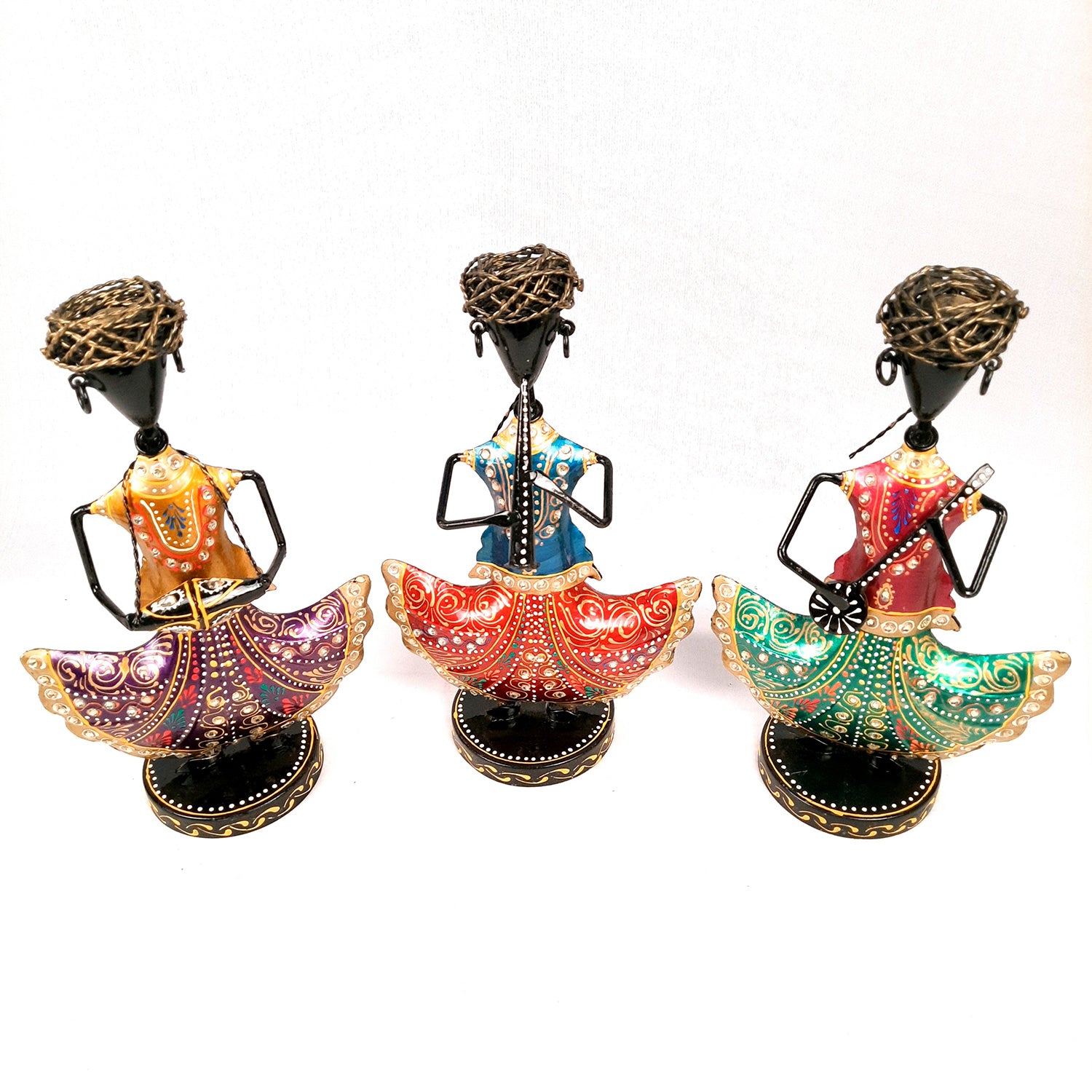 Showpiece Musician Set With Kundan Work | Decorative Figurine Playing Musical Instrument - For Home, Table, Living Room & TV Unit | Showpieces For Gifts - 12 Inch (Set of 3) - Apkamart