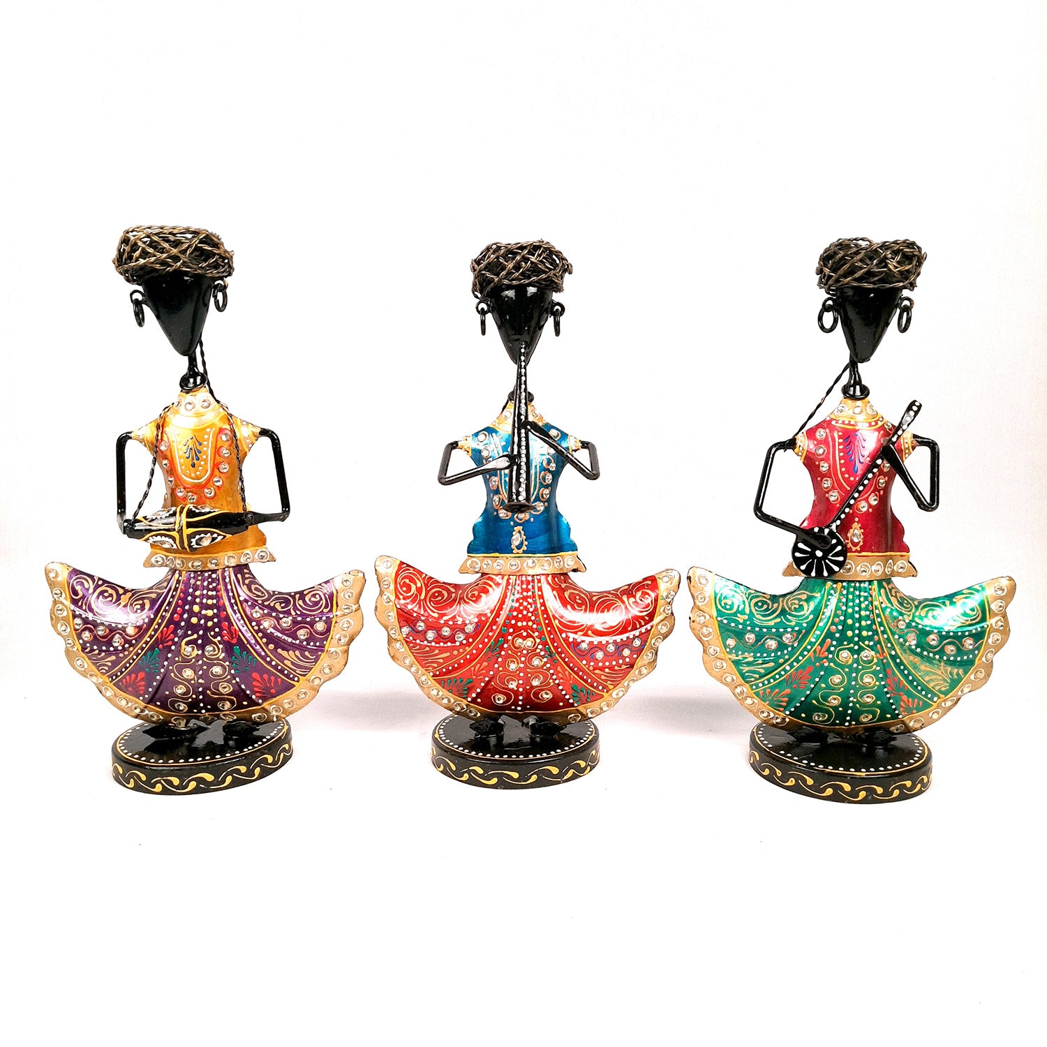 Showpiece Musician Set With Kundan Work | Decorative Figurine Playing Musical Instrument - For Home, Table, Living Room & TV Unit | Showpieces For Gifts - 12 Inch (Set of 3) - Apkamart