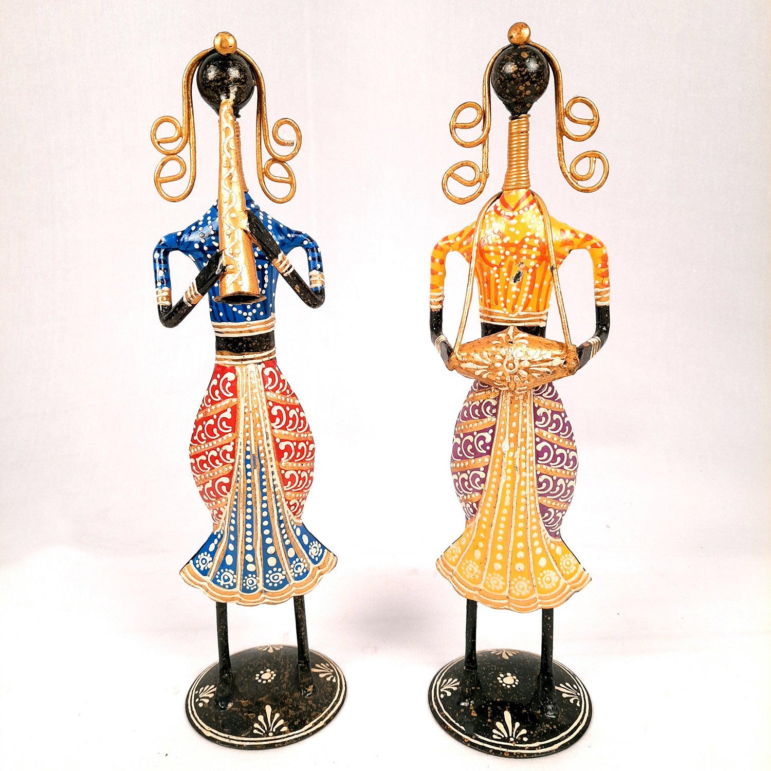 Showpiece Musician Girls Playing Shehnai | Decorative Traditional Folk Figurines - For Home, Table, Living Room, TV Unit & Gifts - 14 Inch (Set of 2) - Apkamart
