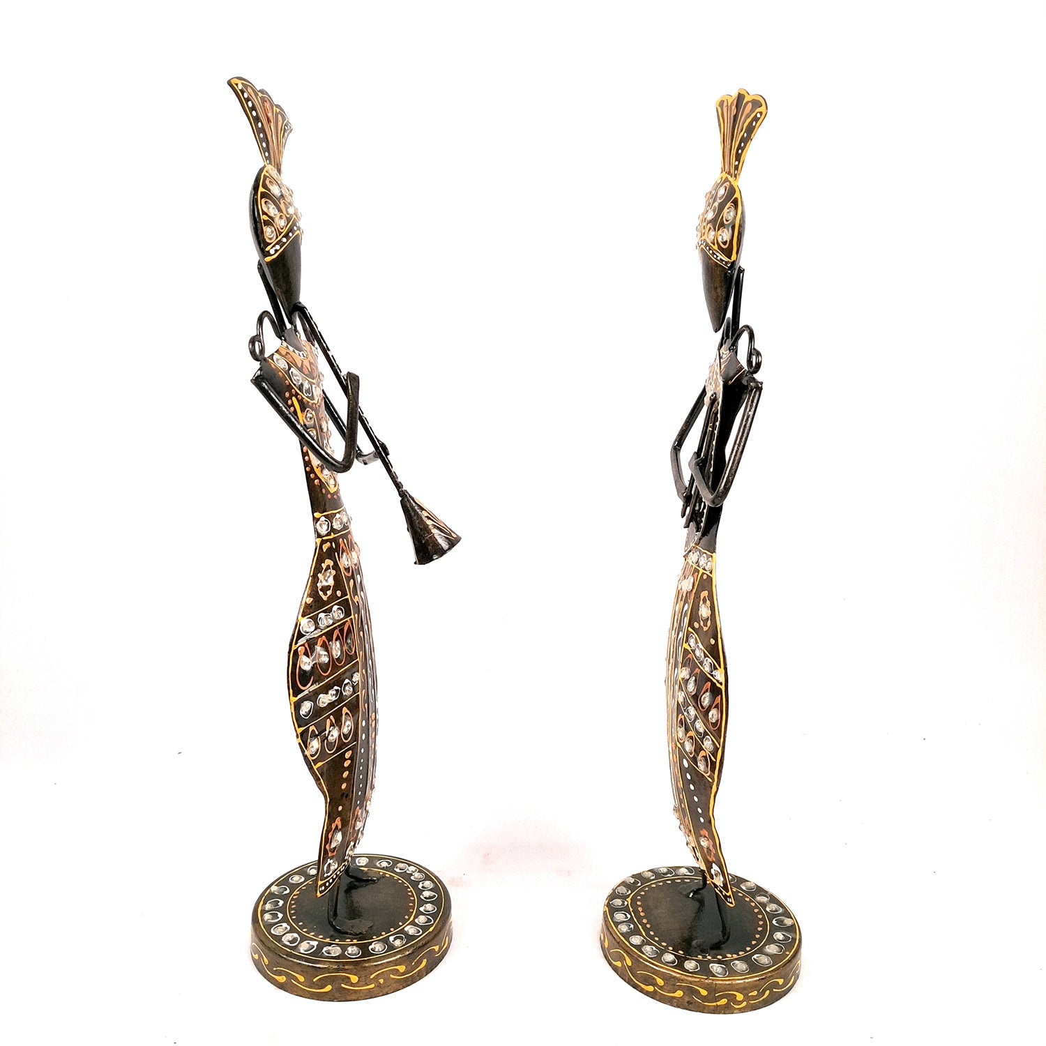 Showpiece Musician Playing Traditional Musical Instruments | Decorative Figurines - For Home, Table, Living Room & TV Unit | Show Piece For Office Desk & Gifts - 17 Inch (Set of 2) - Apkamart