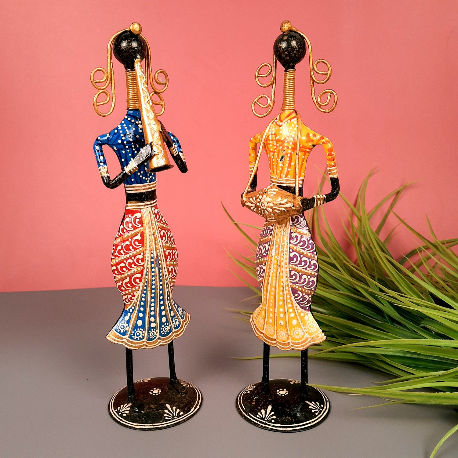 Showpiece Musician Girls Playing Shehnai | Decorative Traditional Folk Figurines - For Home, Table, Living Room, TV Unit & Gifts - 14 Inch (Set of 2) - Apkamart