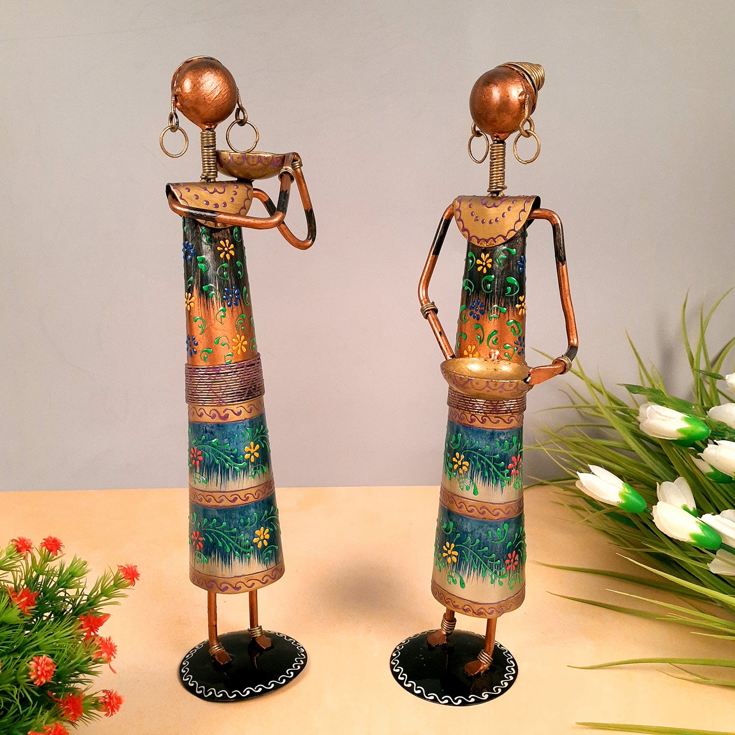 Showpiece Figurines Cum Tea Light Holders - Tribal Worker Design | Decorative Showpieces - for Home, Bedroom, Living Room, Office Desk, Table Decor & Gifts - 15 Inch (Set of 2) - Apkamart