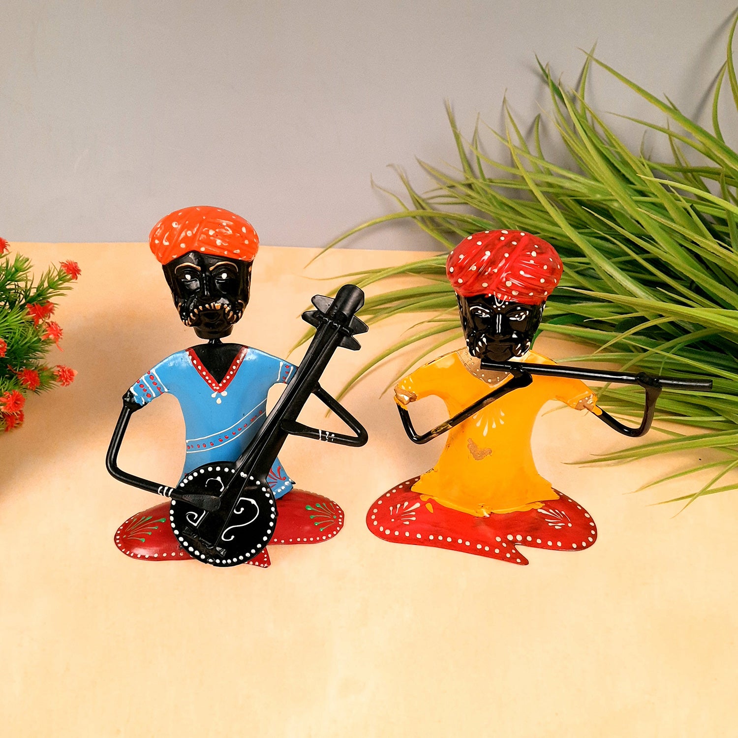 Rajasthani Musicians Figurines | Decorative Showpiece - for Home, Bedroom, Living Room, Office Desk & Table | Gifts For Wedding, Housewarming & Festivals - 7 Inch - Apkamart #Style_Pack of 2