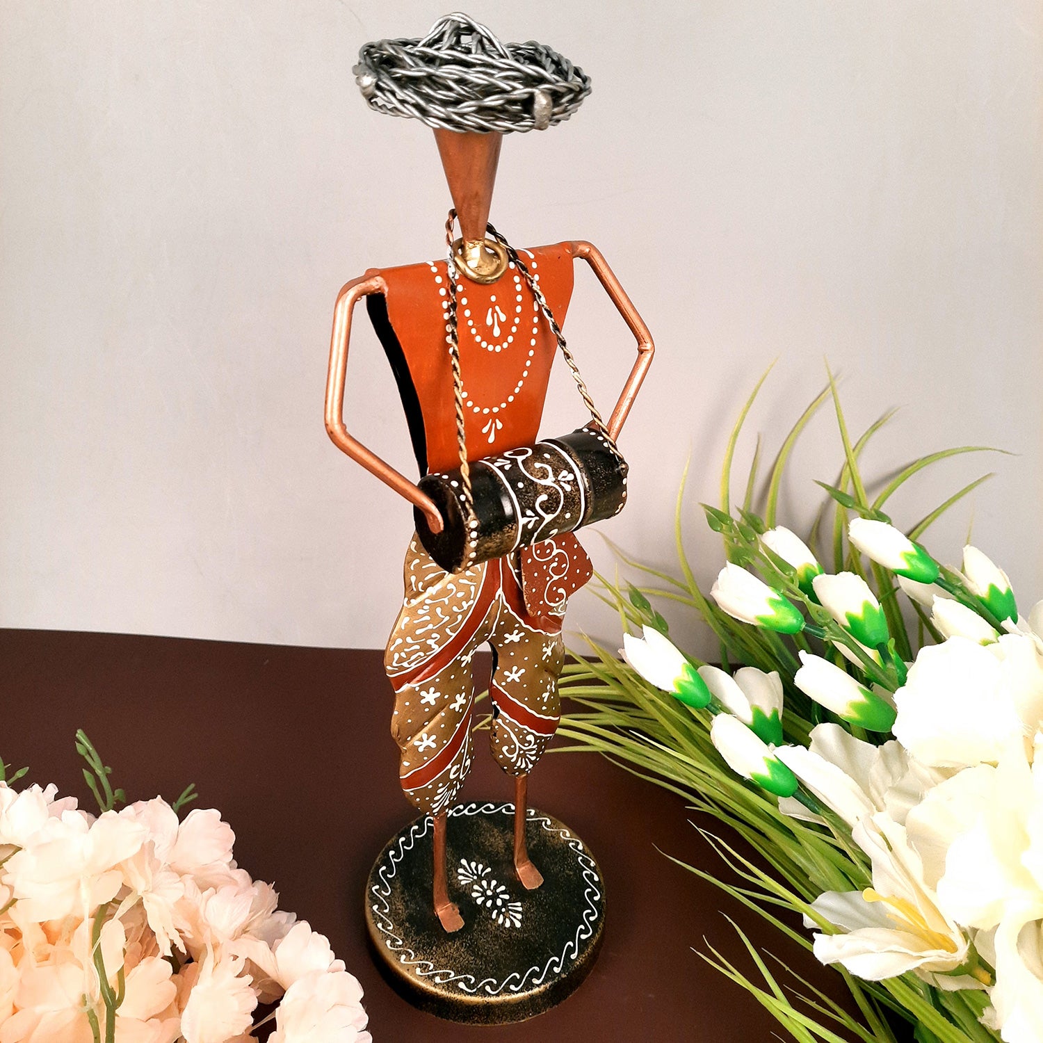Showpiece Musician Playing Dholak | Decorative Figurine - For Home, Table, Living Room & TV Unit | Show Piece For Office Desk & Gifts - 13 Inch - Apkamart