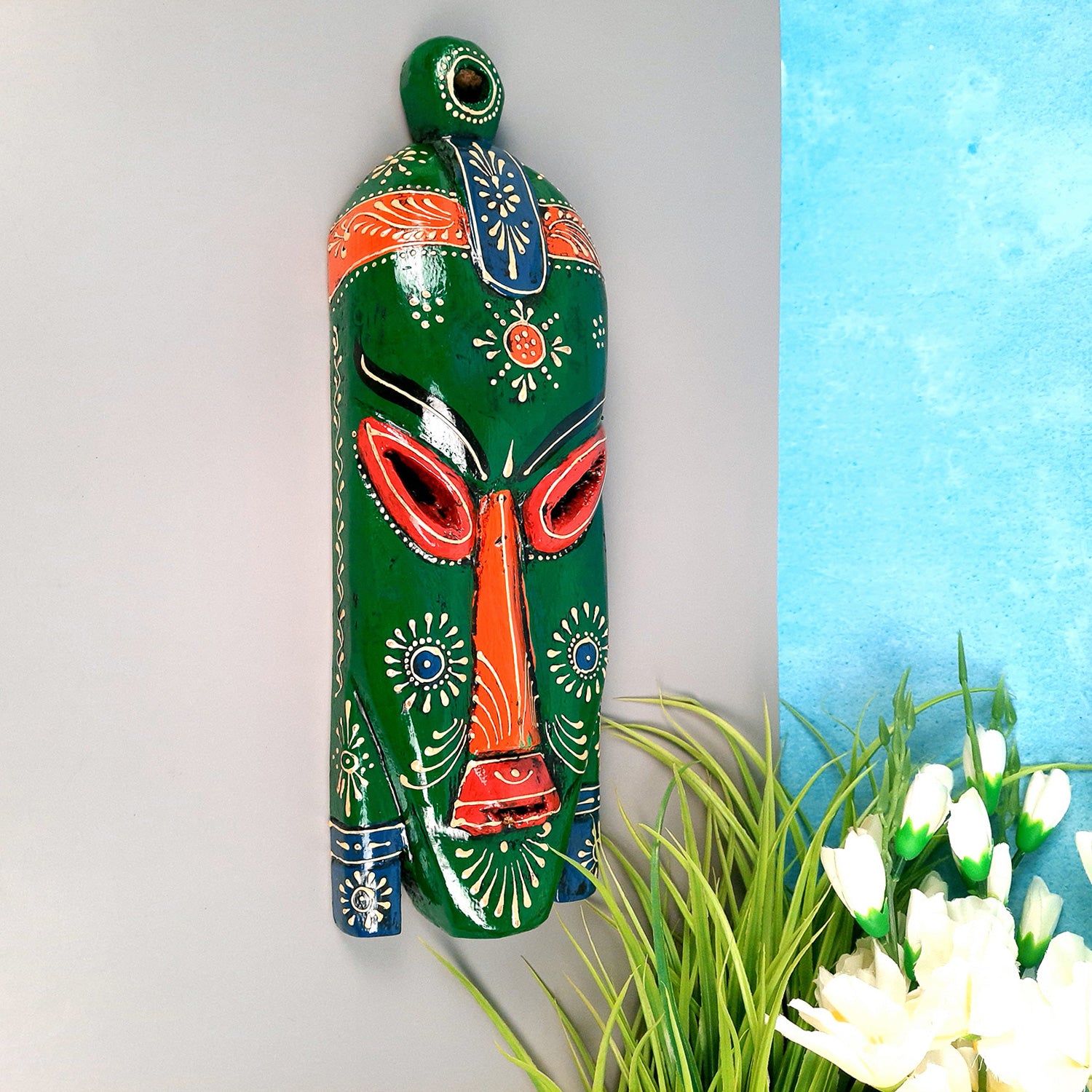 Tribal Wall Masks Tall | African Egyptian Hangings for Home Entrance & Living Room | Nazar Battu Hanging - for House, Door, Hallway, Balcony Decoration - 15 Inch - Apkamart