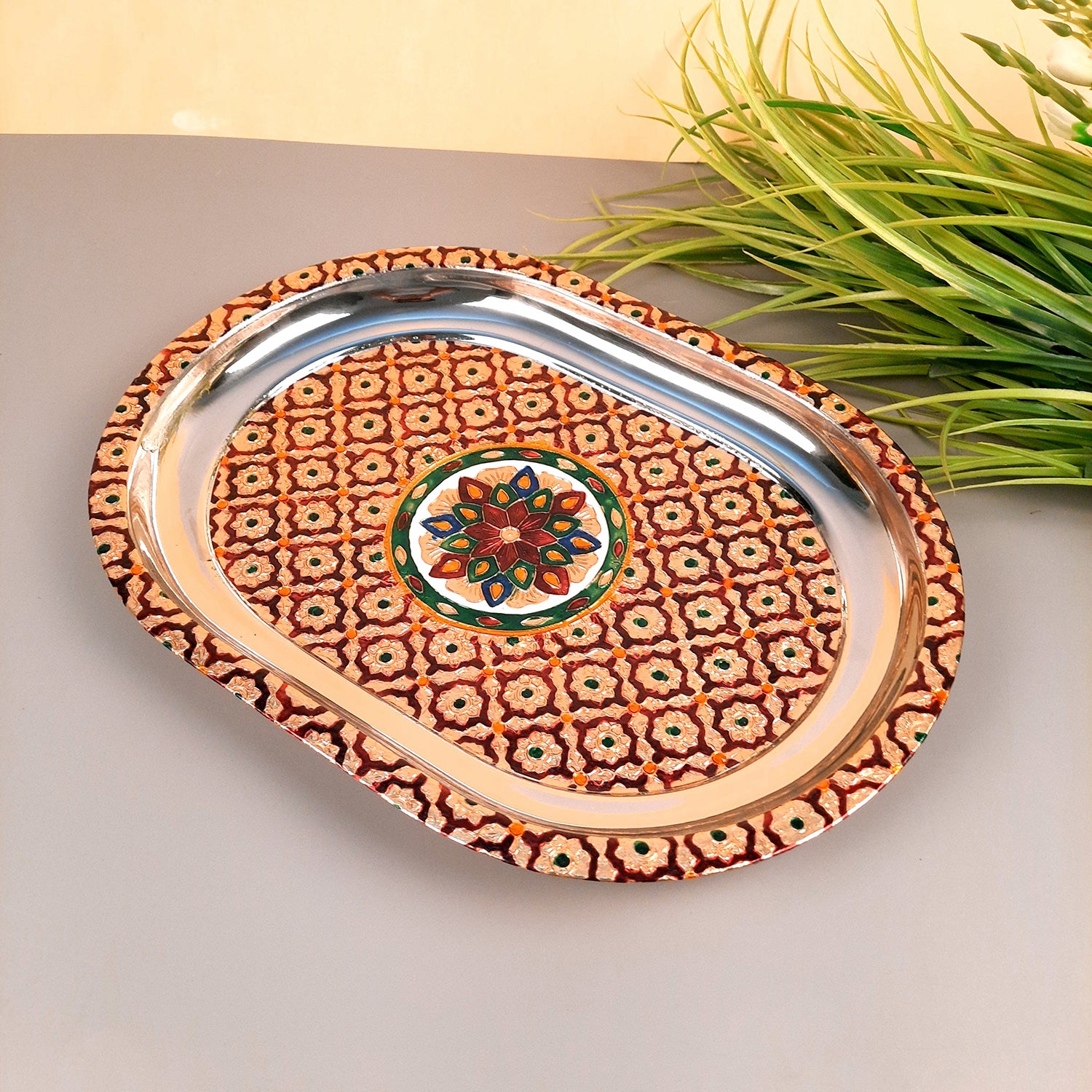 Serving Trays For Tea, Coffee & Snacks | Steel Tray | Multipurpose Decorative Tray & Platters - For Home, Dining Table Organization, Kitchen & Gifts - 15 Inch