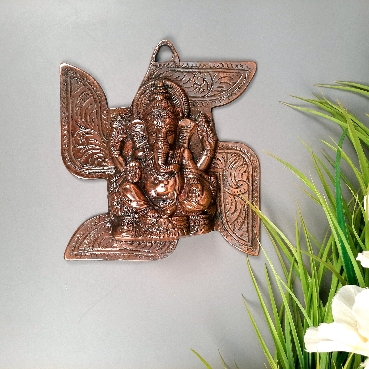 Ganesh Idol Wall Hanging | Lord Ganesha With Swastik Wall Statue Decor - For Puja, Home, Entrance, Living Room & Gift - 8 Inch - Apkamart