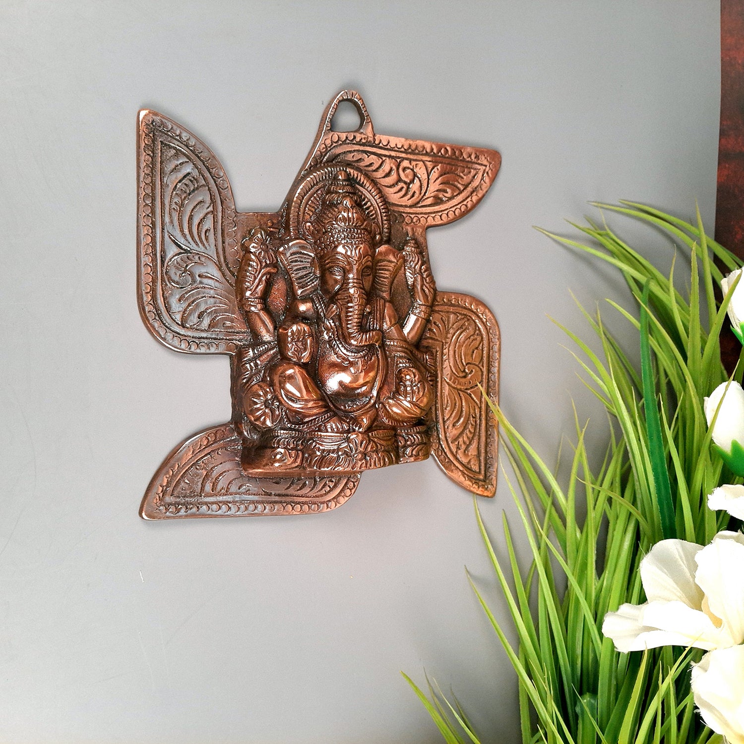 Ganesh Idol Wall Hanging | Lord Ganesha With Swastik Wall Statue Decor - For Puja, Home, Entrance, Living Room & Gift - 8 Inch - Apkamart