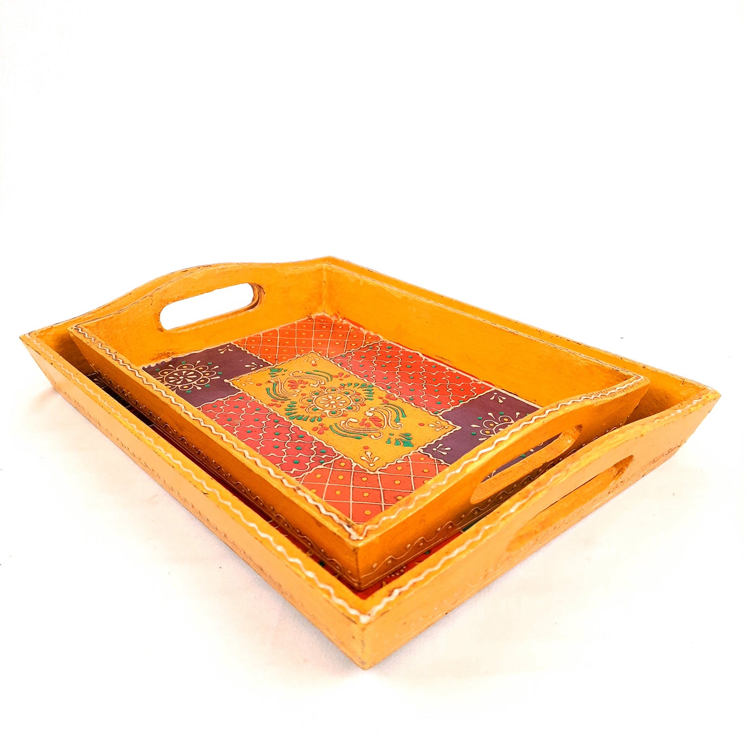 Wooden Tray | Serving Trays For Tea, Coffee & Snacks | Multipurpose Decorative Tray & Platters - For Home, Dining Table Organization, Kitchen & Gifts - Set of 2 - Apkamart