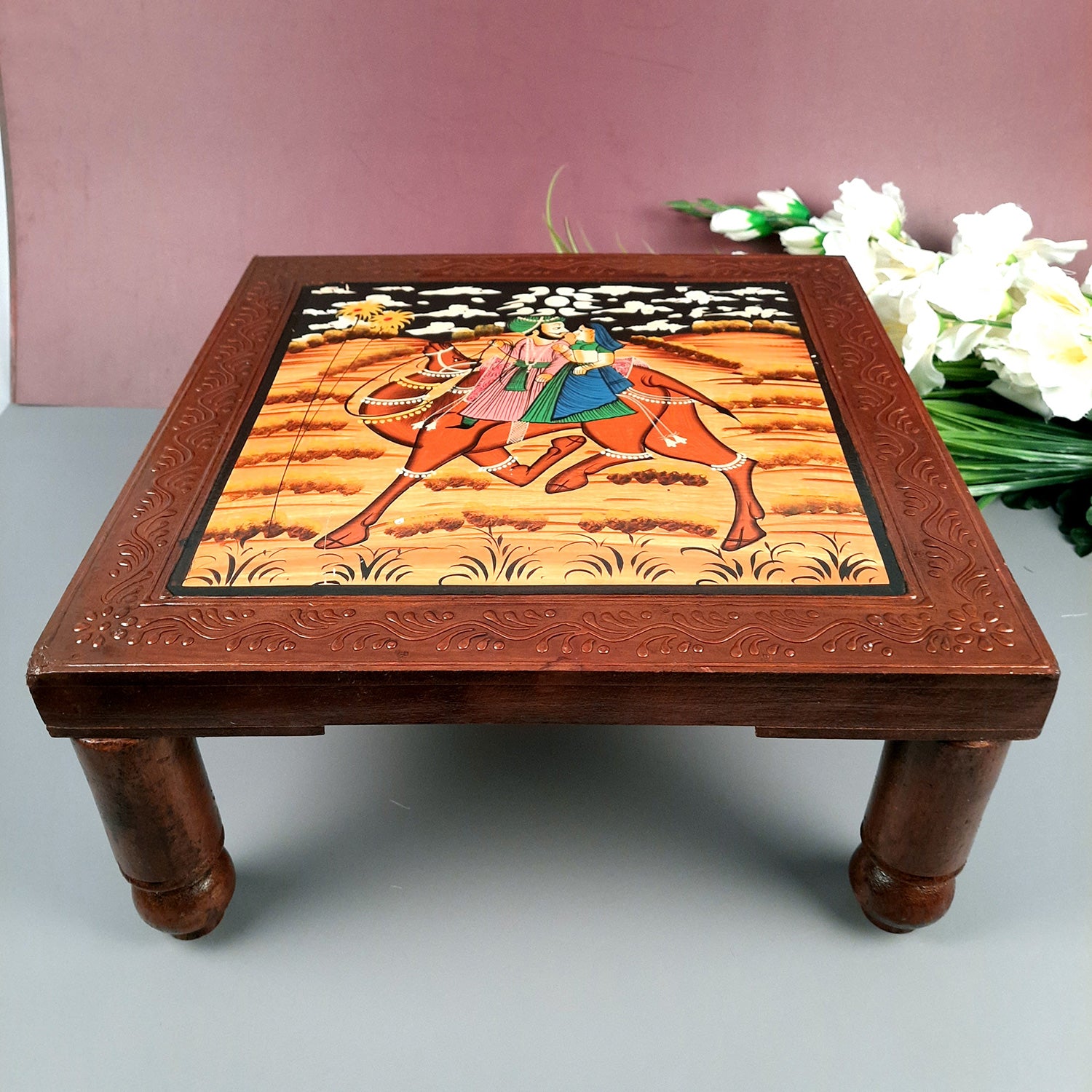 Puja Chowki Bajot| Wooden Choki For Sitting | Peeta - For Home, living Room, Corner, Mandir Decoration & Gifts - Apkamart