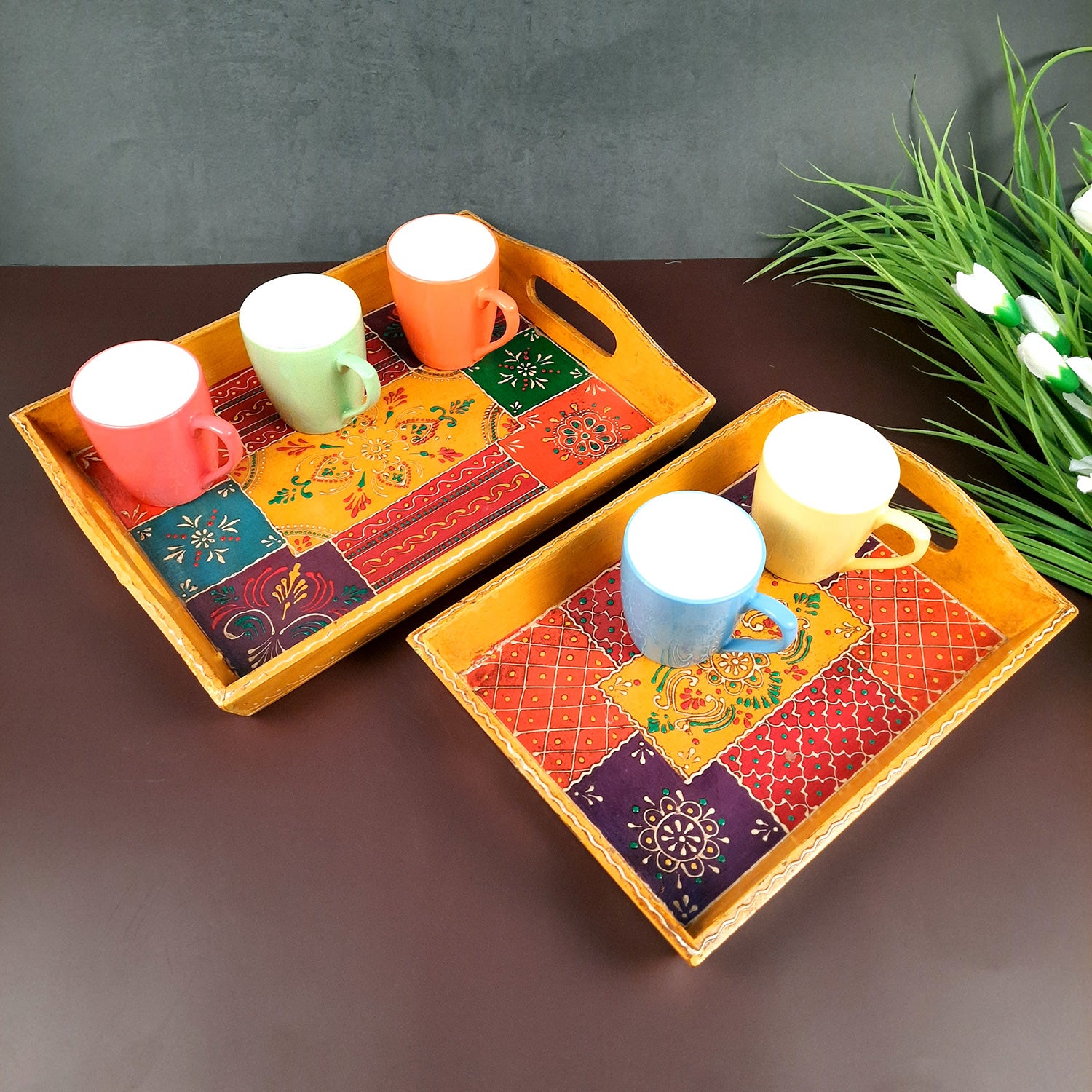 Wooden Tray | Serving Trays For Tea, Coffee & Snacks | Multipurpose Decorative Tray & Platters - For Home, Dining Table Organization, Kitchen & Gifts - Set of 2 - Apkamart