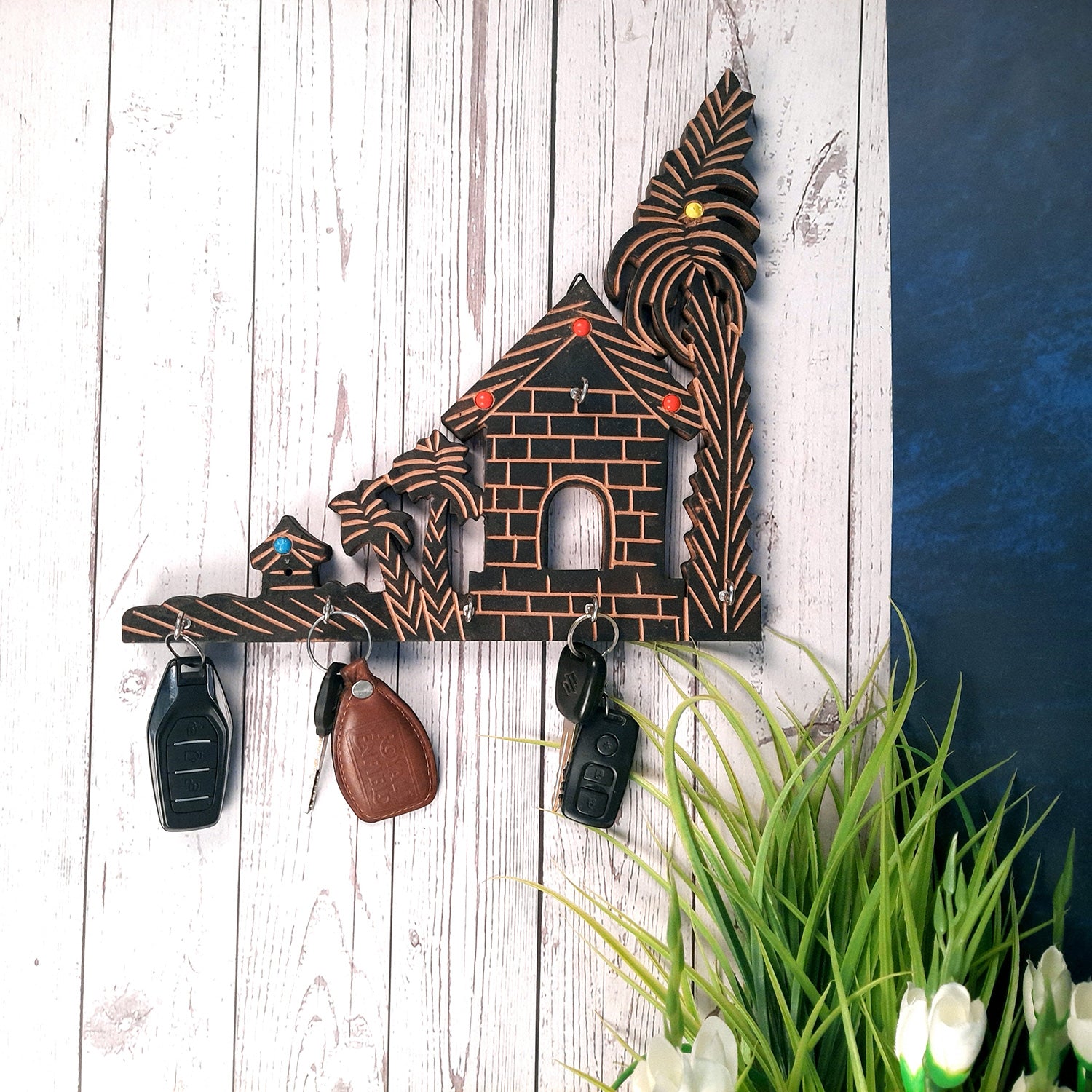 Key Holder Wall Hanging | Key Hook Stand - Hut Design | Wooden Keys Organizer - For Home, Entrance, Office Decor & Gifts -12 Inch (6 Hooks)