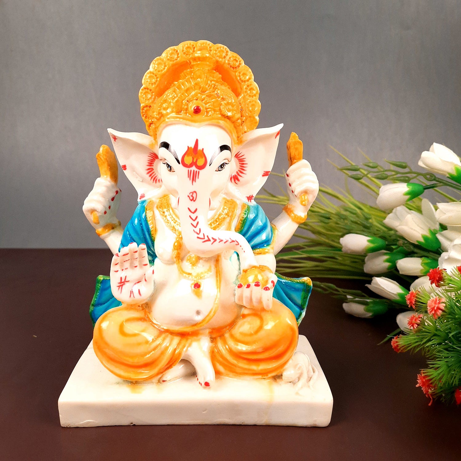 Ganesh Statue | Shri Ganesha Sitting On Chowki Idol - for Home, Living Room, Office, Puja, Entrance Decoration & Gifts - 9 Inch - apkamart