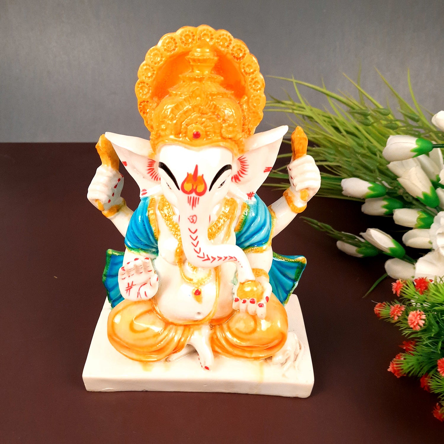 Ganesh Statue | Shri Ganesha Sitting On Chowki Idol - for Home, Living Room, Office, Puja, Entrance Decoration & Gifts - 9 Inch - apkamart