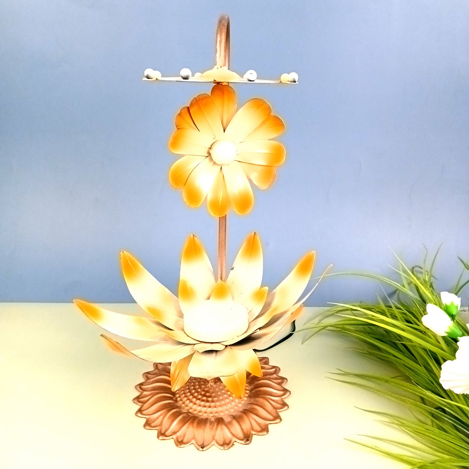 Lotus Lamp | Led Lamp Showpiece | Led Stand/Aasan for God - for Temple, Home, Living Room, Office Desk, Mandir Decor & Gifts - apkamart #color_Brown